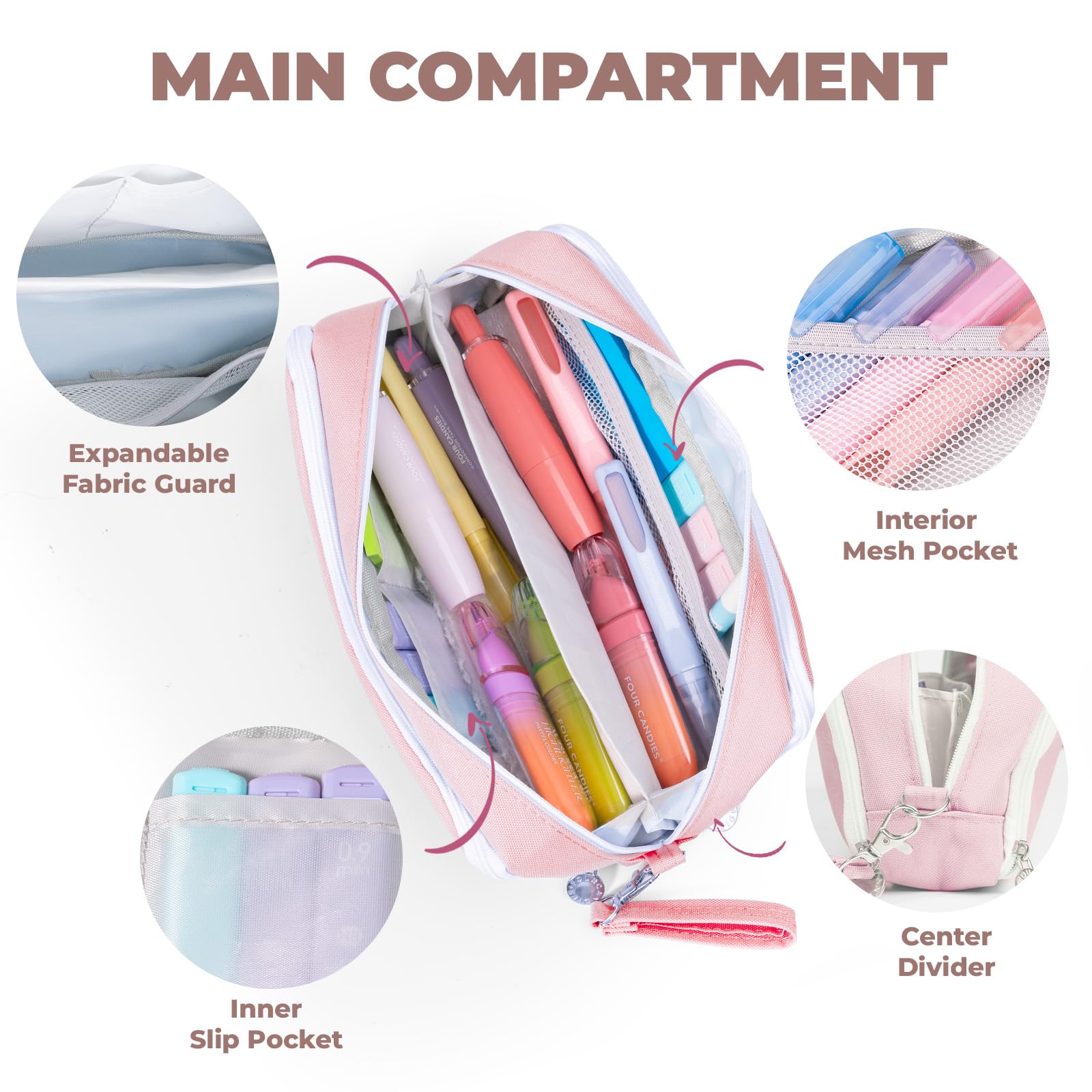 Four Candies Pencil Case 3 Compartment, Large Pencil Case with Removable Handle & Zipper, Cute Stationery Organizer for Markers, Makeup Bag, Cute Pencil Bag for Office College, Pink