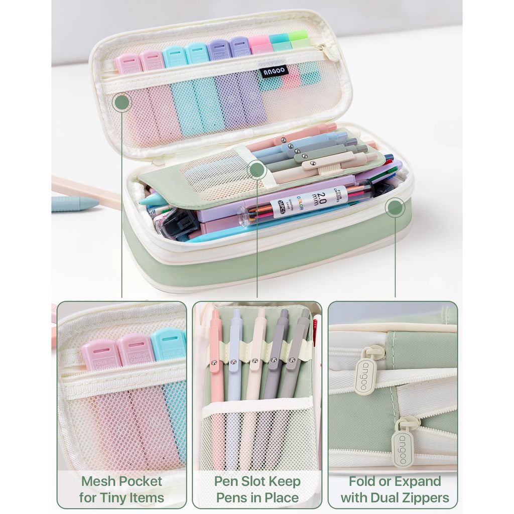 Four Candies 56 PCS Aesthetic Supplies with Large Pencil Case, 6 Colored Ballpoint Pens, 12 Pastel Highlighters, 5 Black Ink Gel Pens, 9 Mechanical Pencils 0.5-2.0mm Essentials (Green)