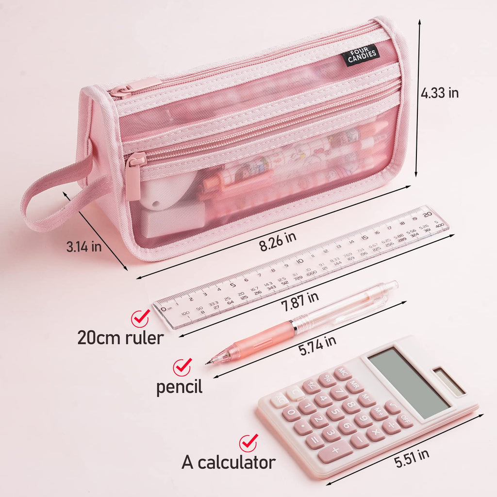 Four Candies Large Capacity Pencil Case, Pink Pencil Case with Zipper, Organized Pencil Cases for Adults, Handheld Pen Bag, Portable Cute Pencil Case