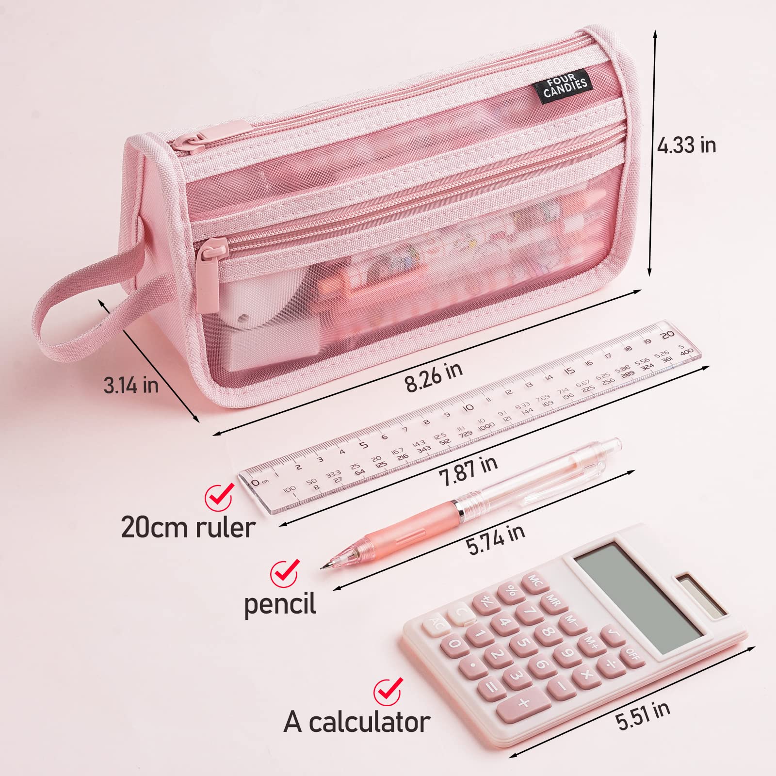 Four Candies Large Capacity Pencil Case, Pink Pencil Case with Zipper, Organized Pencil Cases for Adults, Handheld Pen Bag, Portable Cute Pencil Case