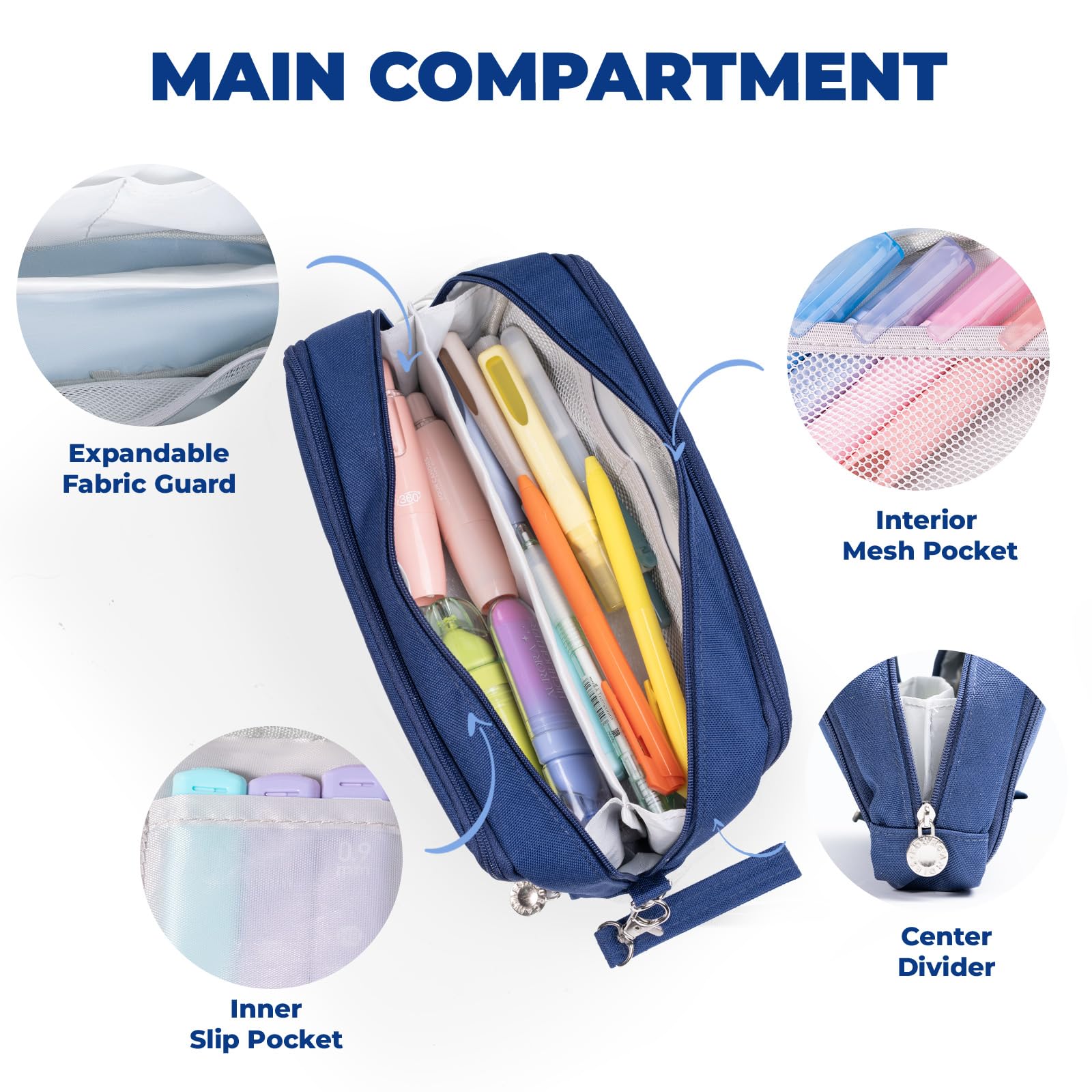 Four Candies Pencil Case 3 Compartment, Large Pencil Case with Removable Handle & Zipper, Cute Stationery Organizer for Markers, Makeup Bag, Cute Pencil Bag for Office College, Navy Blue