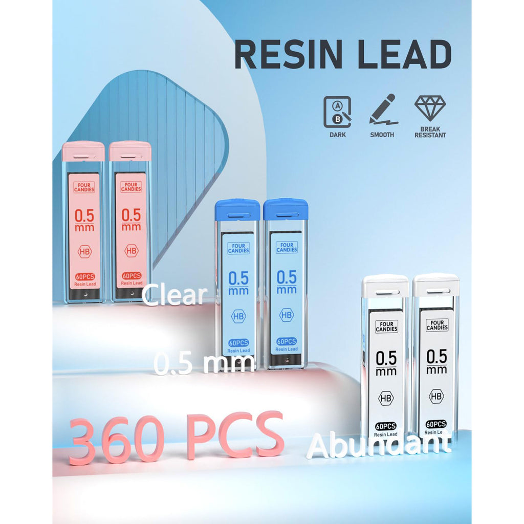 Four Candies Cute Mechanical Pencil Set, 3PCS Pastel Mechanical Pencils 0.5mm with 360PCS HB Lead Refills, 3PCS Erasers, 9PCS Eraser Refills for Writing