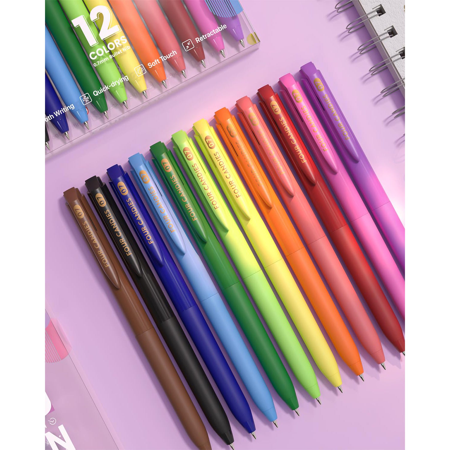 Four Candies Quick Dry Ink Colored Pens Set, 12 Colors Retractable Gel Pens, 0.7mm Fine Point Colorful Pen for Note Taking & Drawing, Colored Gel Pen with Comfort Grip