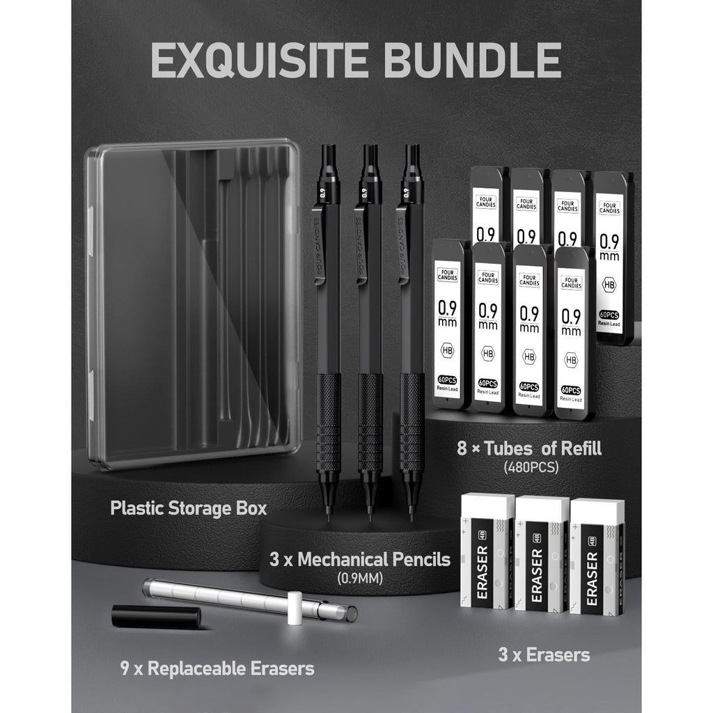 Four Candies 0.9mm Mechanical Pencil Set with Case, 3PCS Metal Pencil with 8 Tubes (480PCS) HB Lead Refills, 3 Erasers, 9 Eraser Refills for Writing Drafting, Black