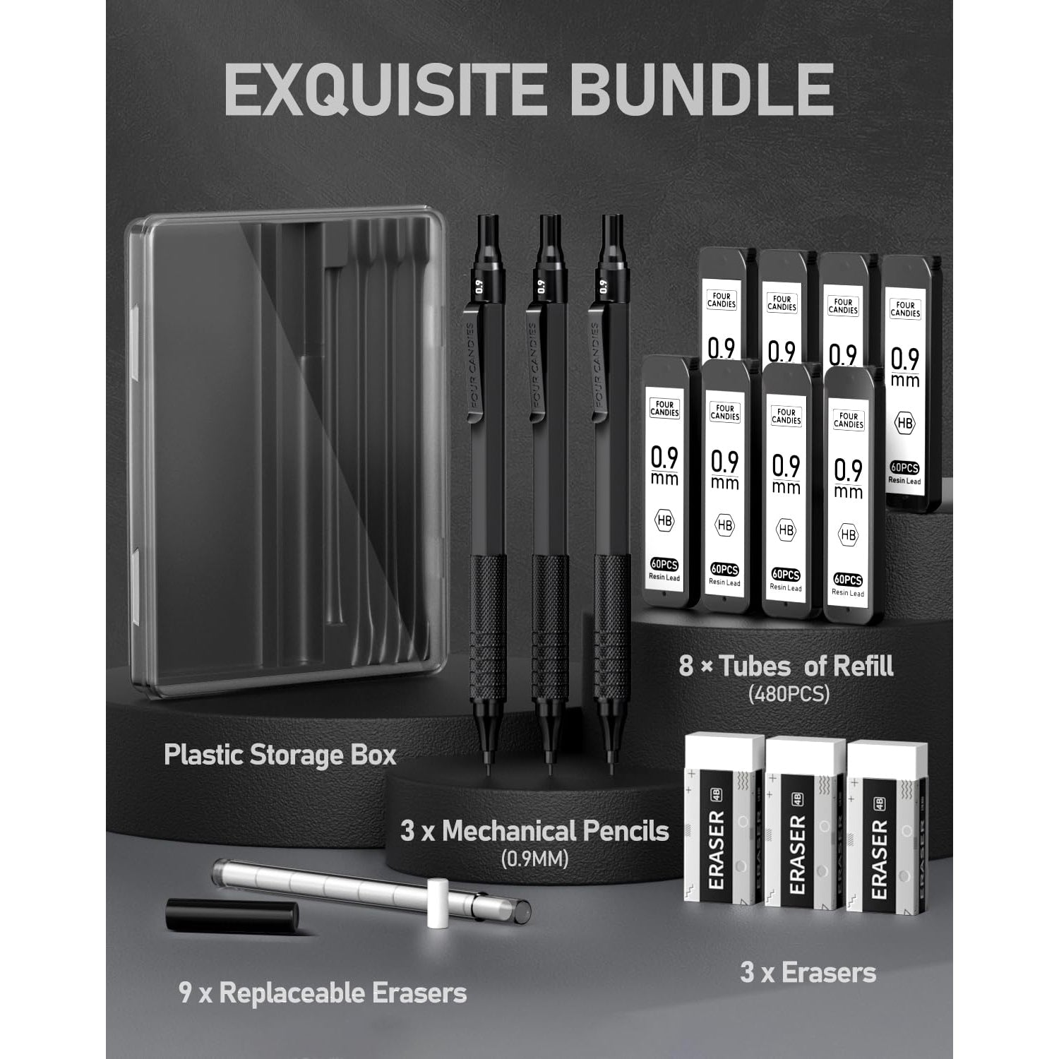 Four Candies 0.9mm Mechanical Pencil Set with Case, 3PCS Metal Pencil with 8 Tubes (480PCS) HB Lead Refills, 3 Erasers, 9 Eraser Refills for Writing Drafting, Black