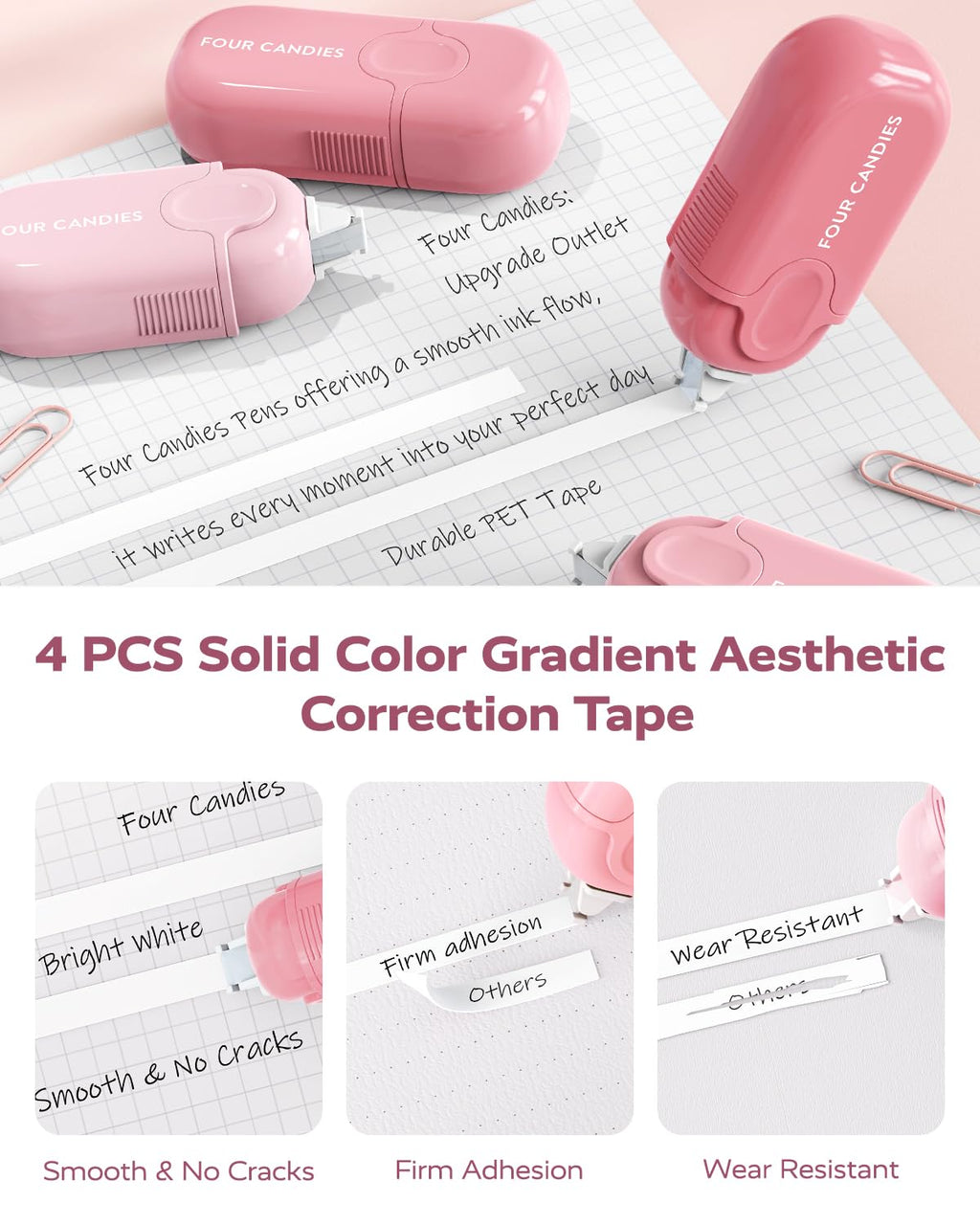 Four Candies Aesthetic Supplies, 4 Gel Pens with Black Ink, 4 Correction Tapes, 2 Pastel Highlighters, 2 Mechanical Pencils, Sticky Notes, Index Post for Bible Study Supplies with Case Pink