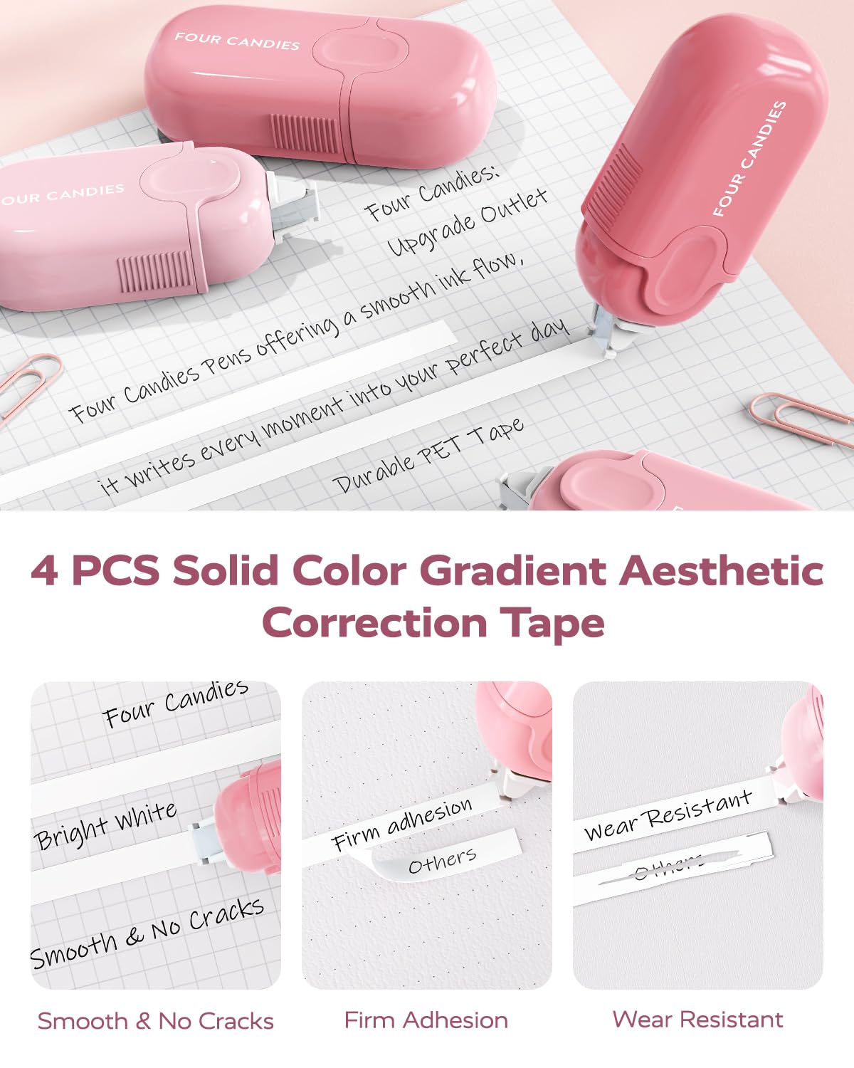 Four Candies Aesthetic Supplies, 4 Gel Pens with Black Ink, 4 Correction Tapes, 2 Pastel Highlighters, 2 Mechanical Pencils, Sticky Notes, Index Post for Bible Study Supplies with Case Pink