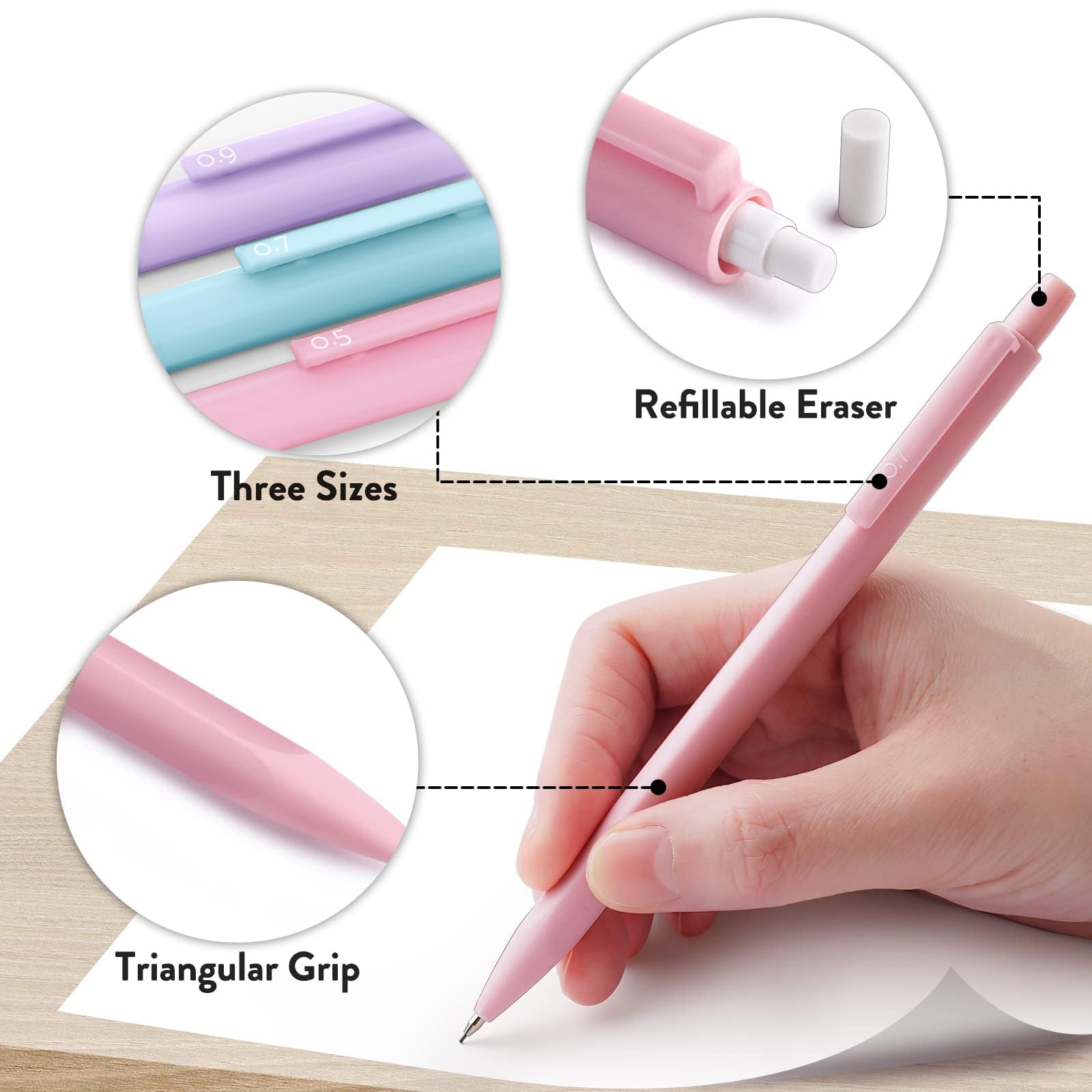 Four Candies 6PCS Cute Mechanical Pencils 0.5mm & 0.7mm & 0.9mm with Leads, Erasers and Eraser Refills