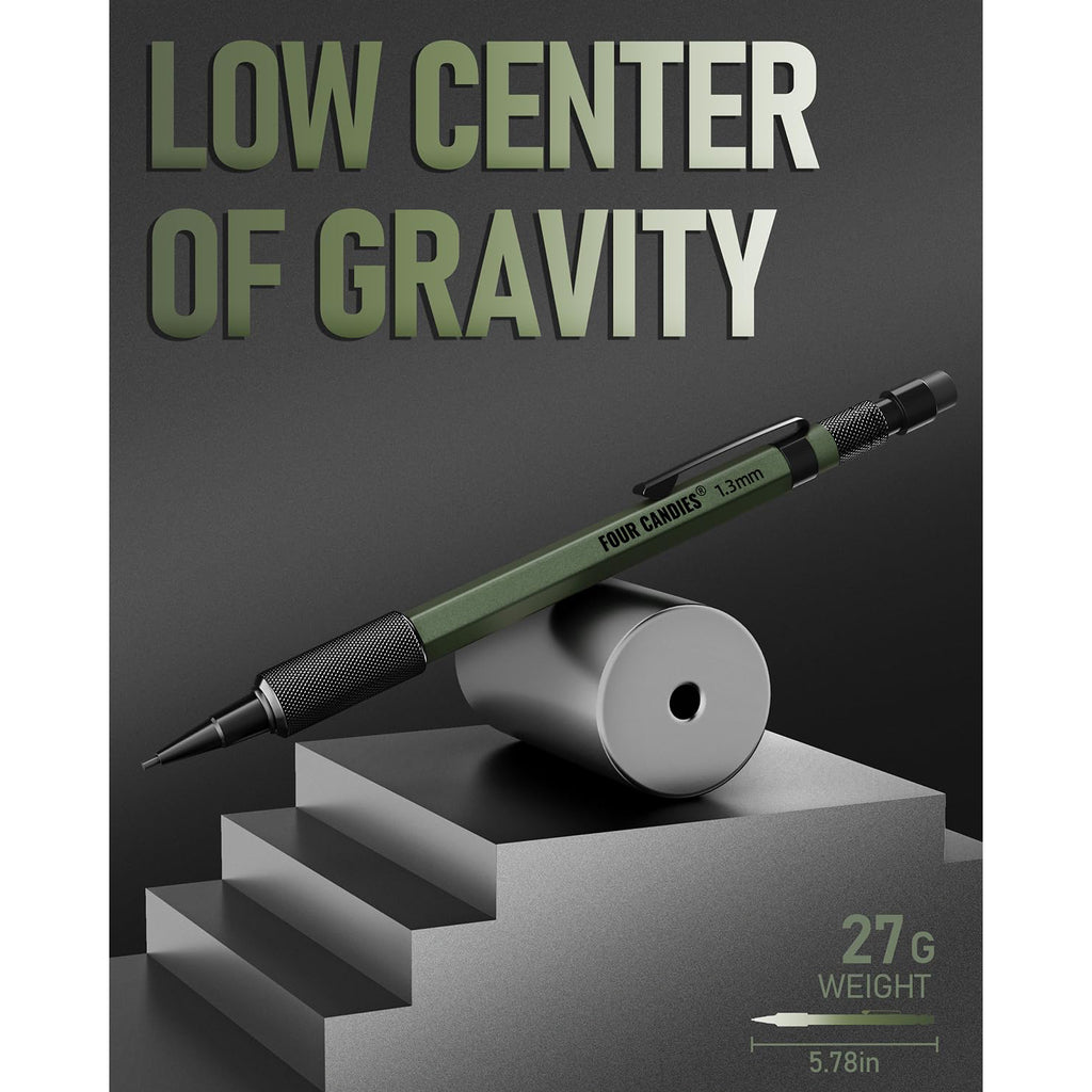 Four Candies 3PCS 1.3mm Mechanical Pencil Set with Case, Metal Heavy Duty Carpenter Pencils with 48 Refill(Red,Black,Yellow) 3Eraser, 12Eraser Refill(Green)