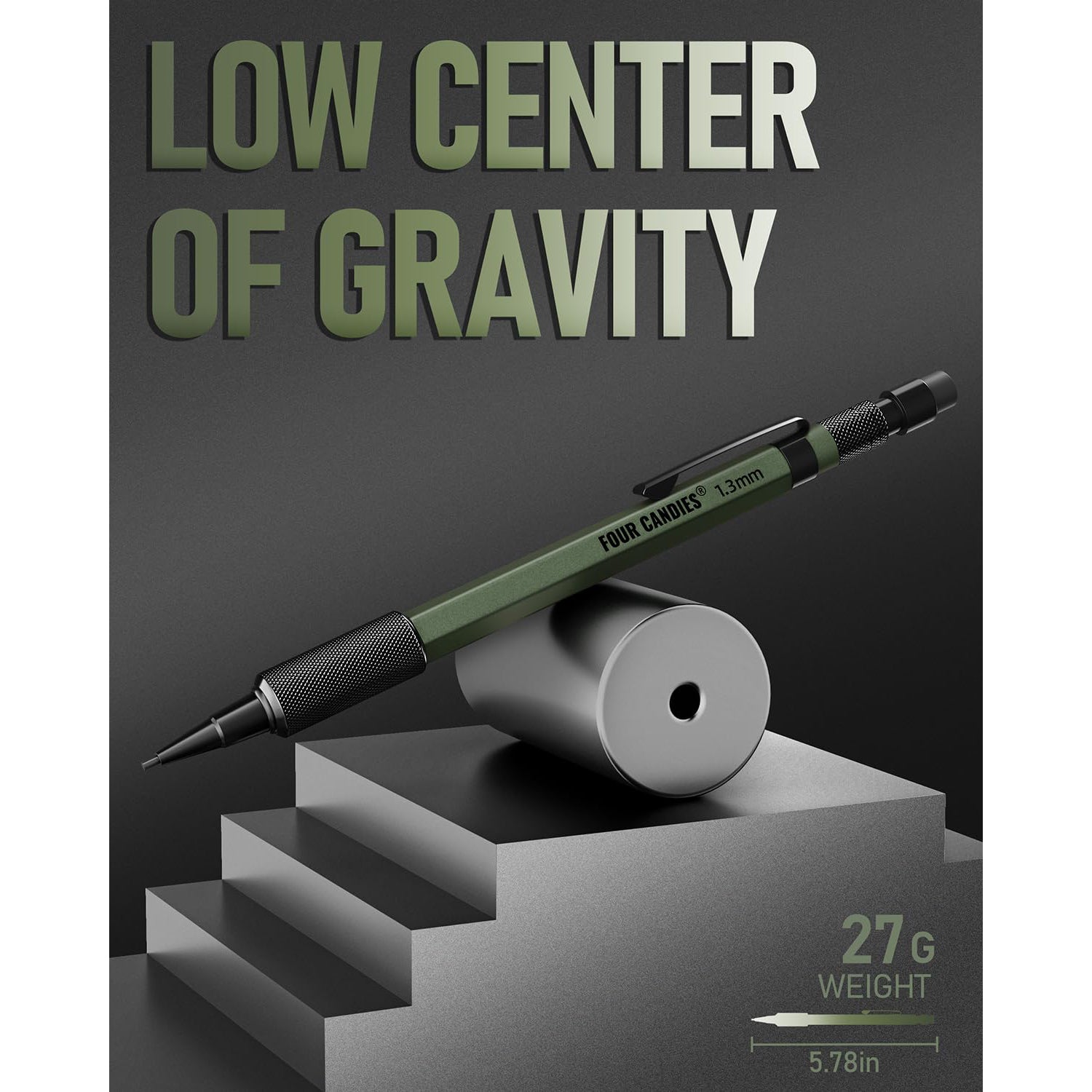 Four Candies 3PCS 1.3mm Mechanical Pencil Set with Case, Metal Heavy Duty Carpenter Pencils with 48 Refill(Red,Black,Yellow) 3Eraser, 12Eraser Refill(Green)