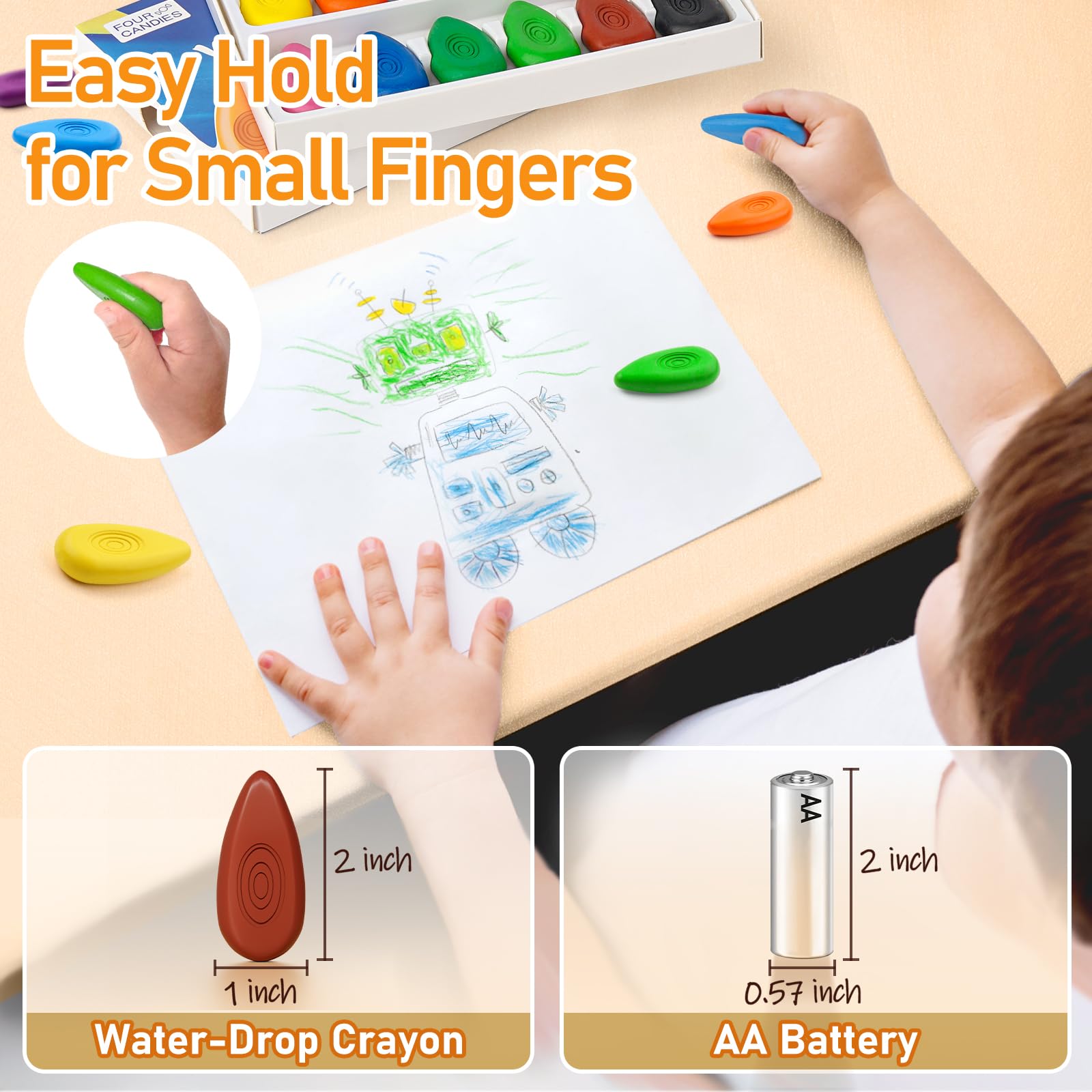 Four Candies Crayons 12 Count, Non Toxic Washable Crayons, Unbreakable Easy-Grip Water-Drop Shape for Little Hands, Filled Easter Eggs for Coloring