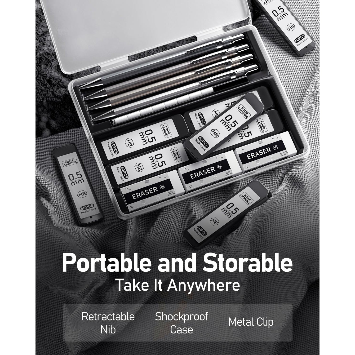 Four Candies 4PCS Metal Mechanical Pencil 0.5mm, 480PCS Lead Refills, 3PCS Erasers, 9PCS Eraser Refills, Lead Mechanical Pencils for Writing, Drawing