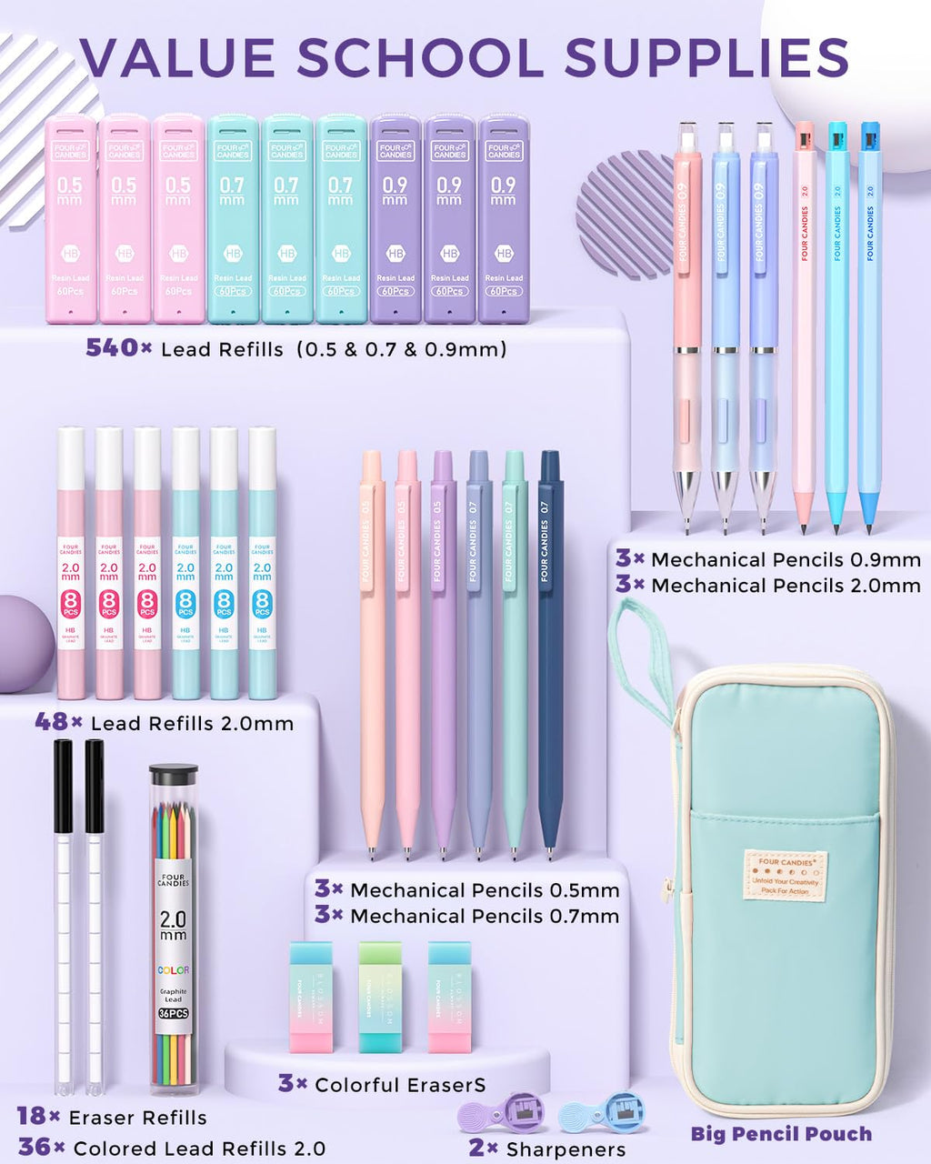Four Candies 36PCS Aesthetic Supplies, Mechanical Pencil Set 0.5mm, 0.7mm, 0.9mm & 2.0mm with 624 Lead Refills, for Writing & Drawing, Ideal Stationary Set Gift (Blue)