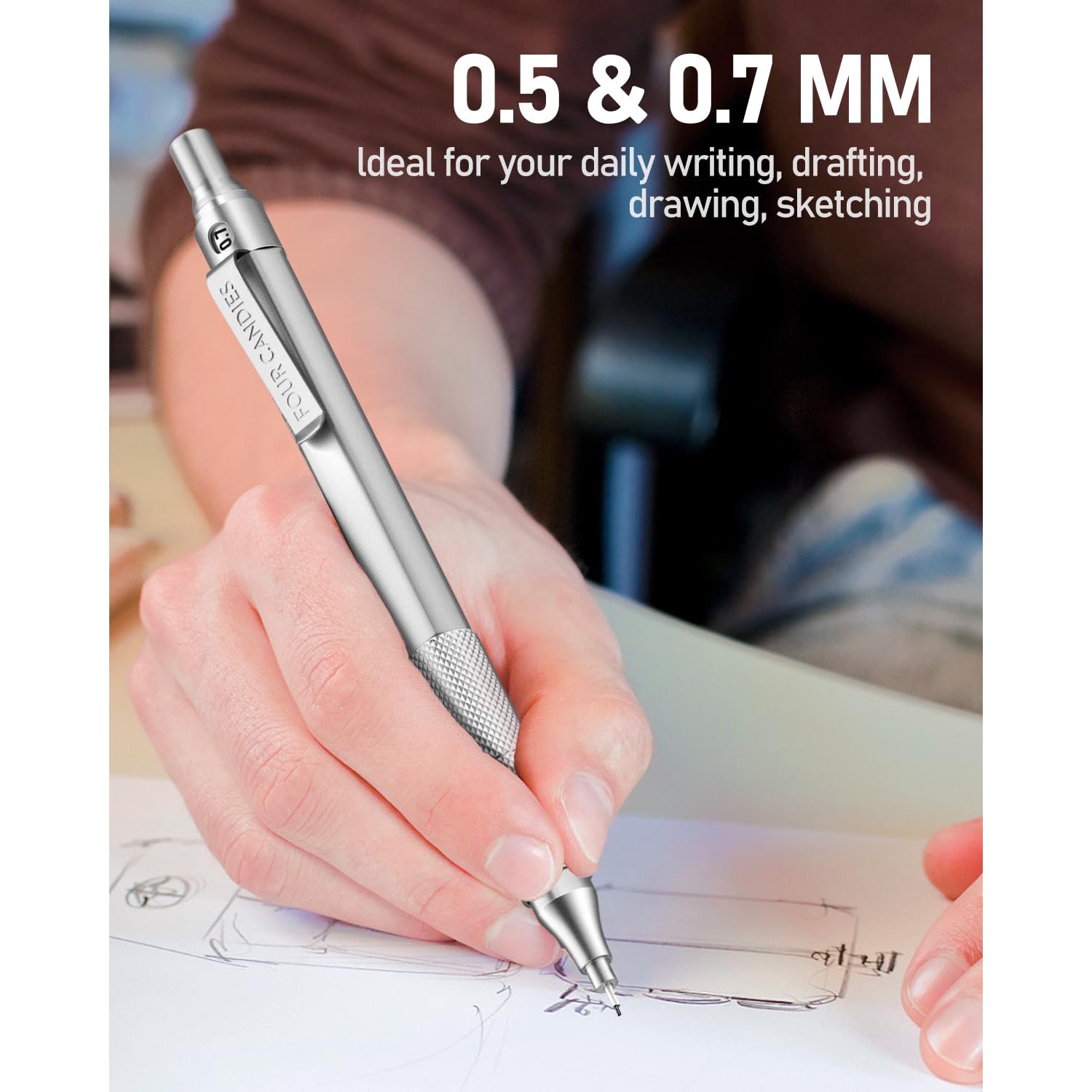 Four Candies 2PCS Metal Mechanical Pencils Set with Case, 0.5mm & 0.7 mm Artist Pencil for Writing Drafting, Drawing, Silver