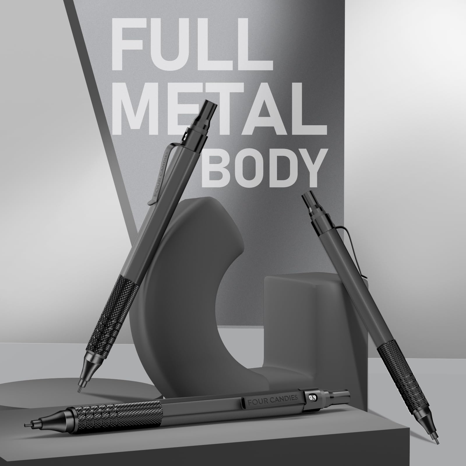 Four Candies 0.9mm Mechanical Pencil Set with Case, 3PCS Metal Pencil with 8 Tubes (480PCS) HB Lead Refills, 3 Erasers, 9 Eraser Refills for Writing Drafting, Black