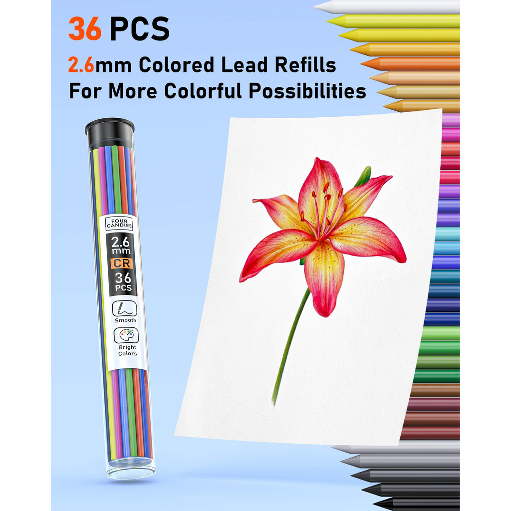 Four Candies 36 PCS Colored Pencils Set 2.6mm with Sharpener and Bag,Drafting Tools, Erasable Colored Pencils, Aesthetic School Supplies, Aesthetic Mechanical Pencils, Stationary Supplies