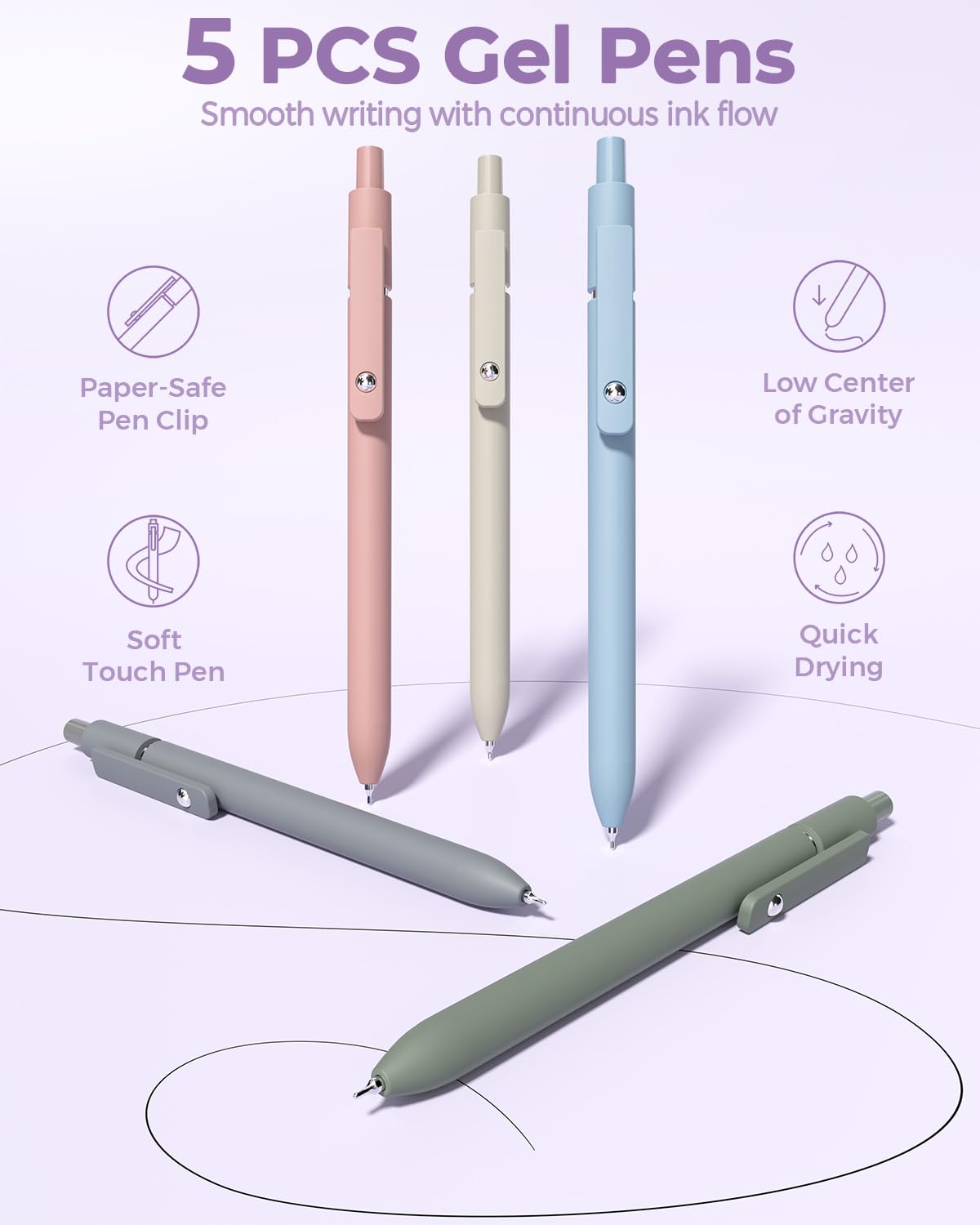 Four Candies 56 PCS Aesthetic Supplies with Pencil Case, 6 Multicolor Pen, 12 Pastel Highlighters, 5 Gel Pens Black Ink, 9 Mechanical Pencils for Stationary Set Preppy Stuff (Purple)