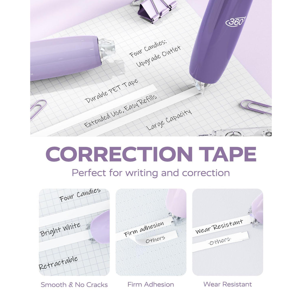 Four Candies 6MM Retractable White Correction Tape, 4PCS White Smooth Pull Out Correction Tape with 4 Extra Refills,Tear-Resistant Tape Pen & Quick Drying (Purple)