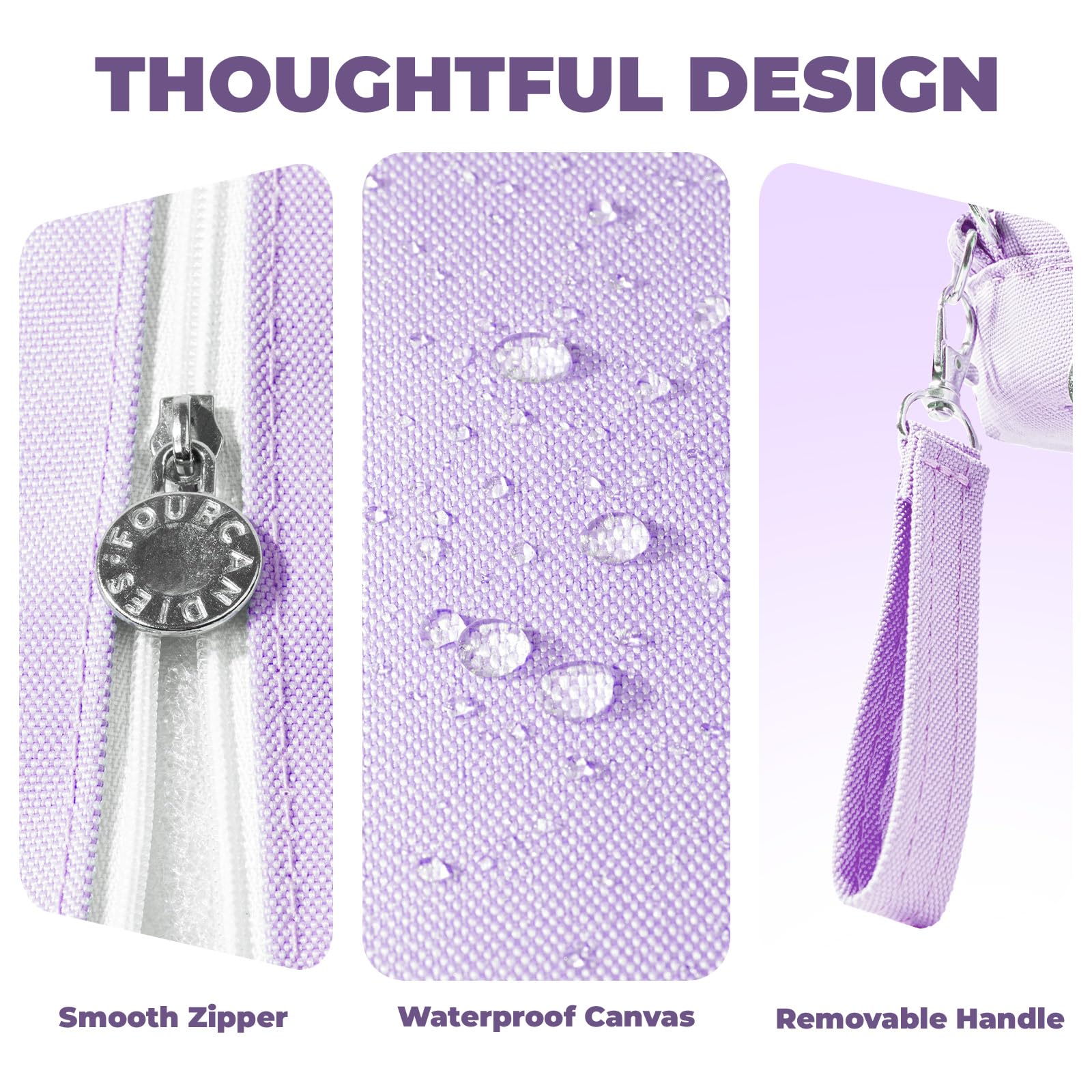 Four Candies Pencil Case 3 Compartment Pouch, Large Pencil Case for Women, Puple, Removable Handle & Zipper, Cute Pencil Bag for Office