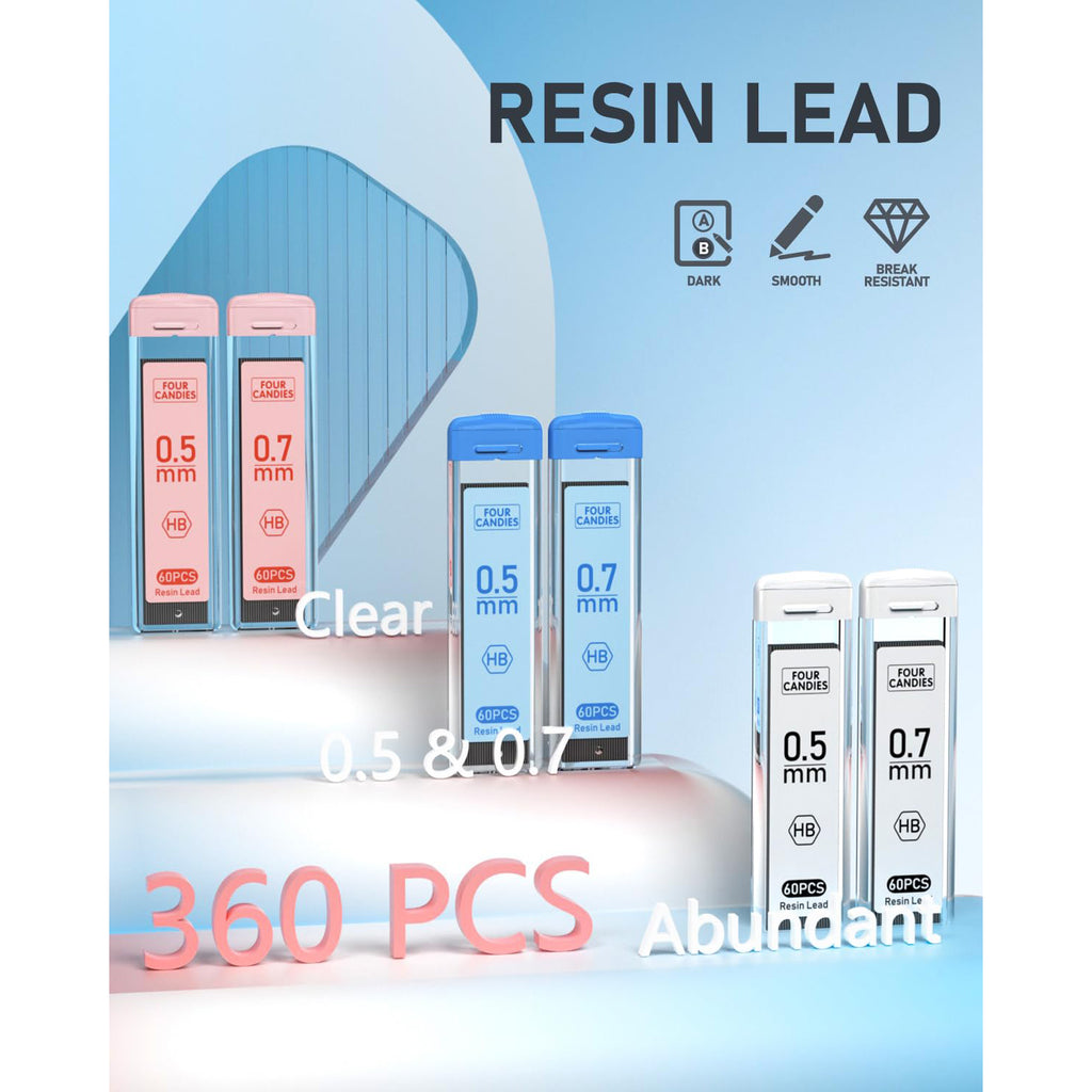 Four Candies Mechanical Pencil Set with Case, 6PCS Mechanical Pencils 0.5 & 0.7mm with 360PCS HB Lead Refills, 3PCS Erasers, 9PCS Eraser Refills, Aesthetic Mechanical Pencil for Drawing, Drafting