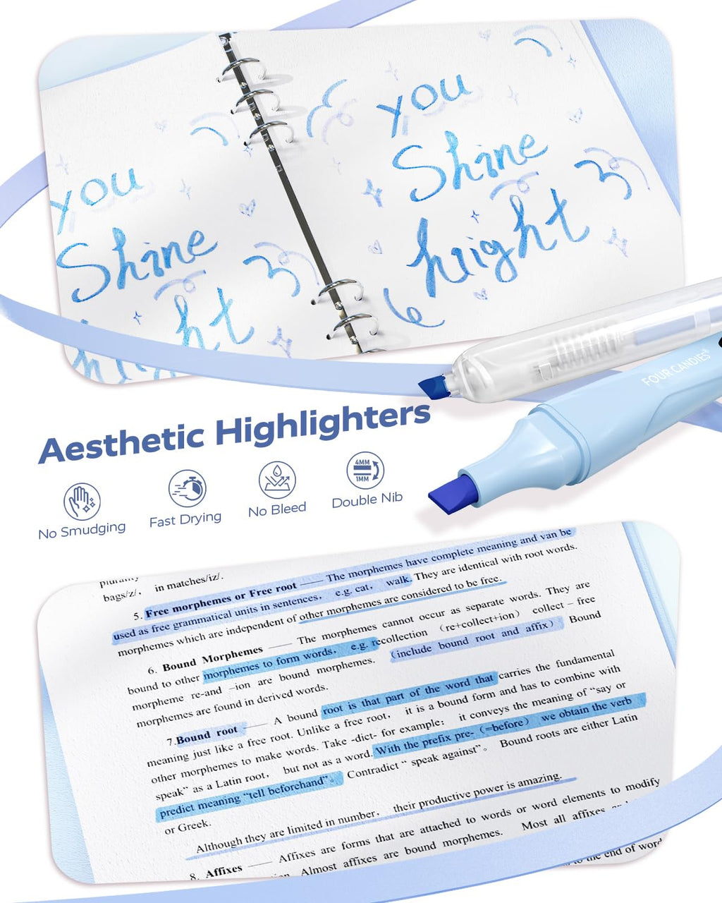 Four Candies Aesthetic Supplies, 4 Gel Pens with Black Ink, 4 Correction Tapes, 2 Pastel Highlighters, 2 Mechanical Pencils, Sticky Notes, Index Post for Bible Supplies Blue