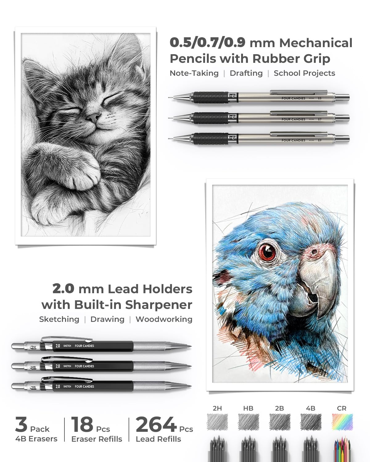 Four Candies 45 PCS Office Supplies with Pen Case, 6 Gel Pens, 6 Art Mechanical Pencil Set, 12 Highlighters for College Essentials Office Stationery (Black)