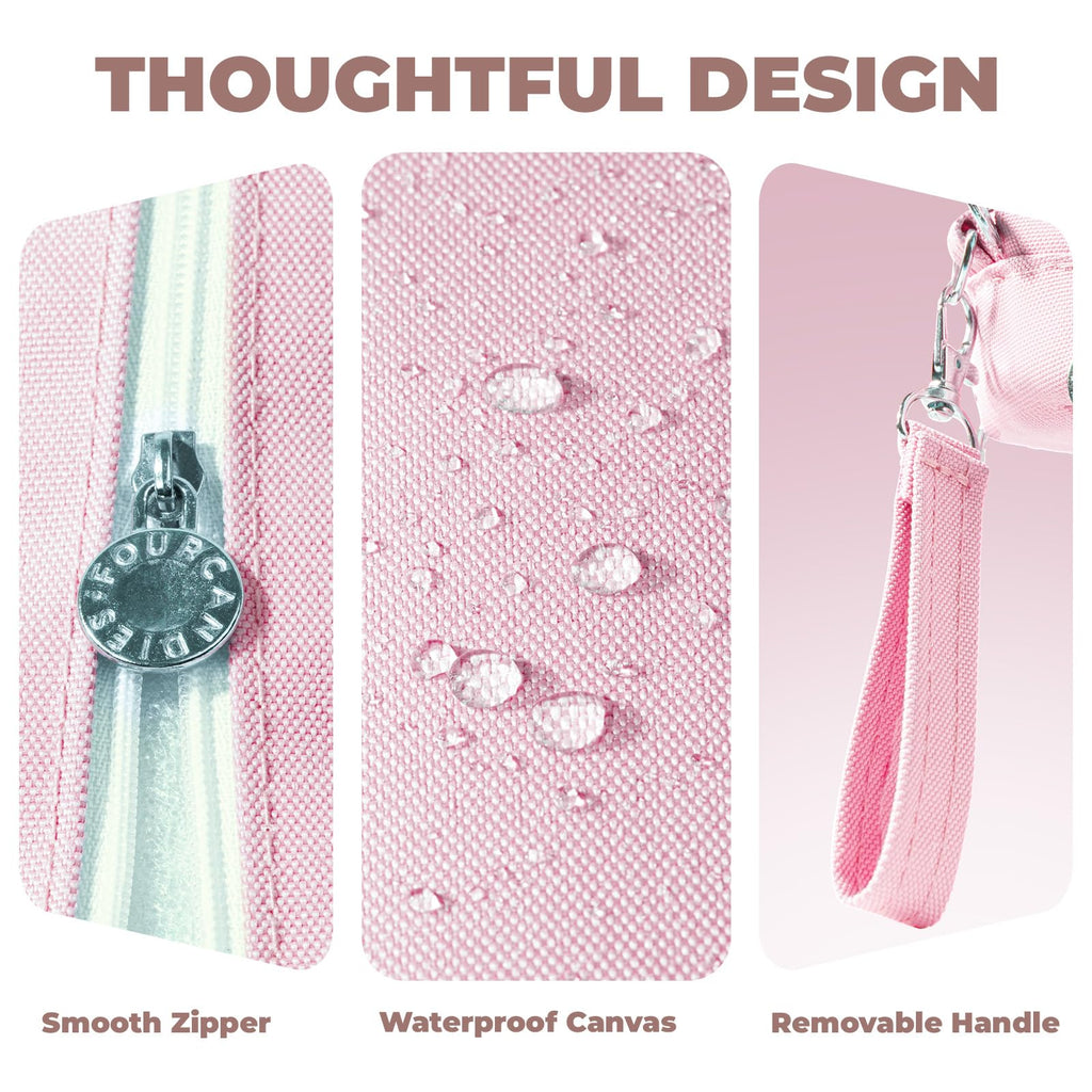 Four Candies Pencil Case 3 Compartment, Large Pencil Case with Removable Handle & Zipper, Cute Stationery Organizer for Markers, Makeup Bag, Cute Pencil Bag for Office College, Pink