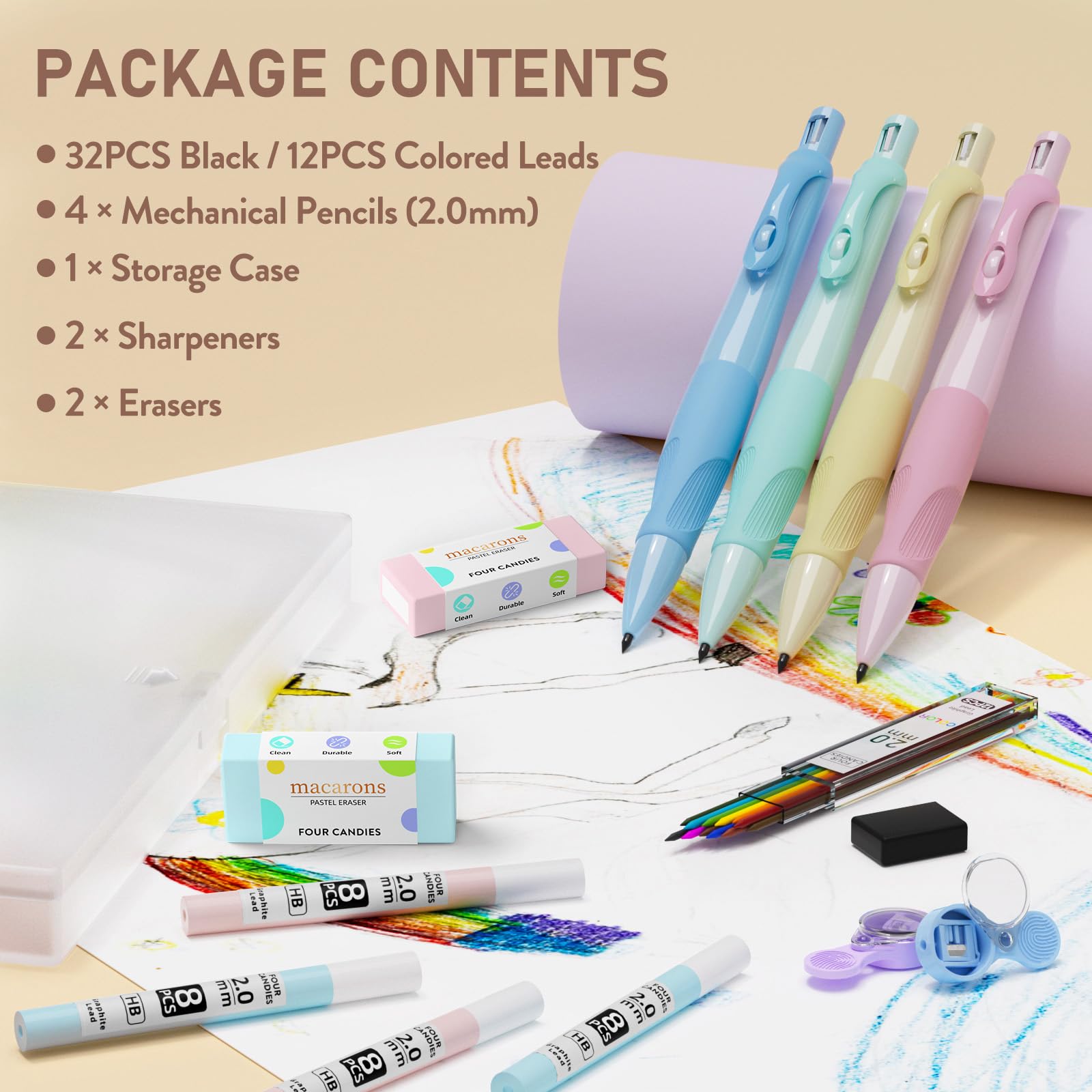 Four Candies 4PCS Cute Mechanical Pencil Set, 2.0mm Ergonomic Mechanical Pencil with 44PCS HB Pencil Leads, 2PCS Sharpeners/Erasers, for Writing and Drawing
