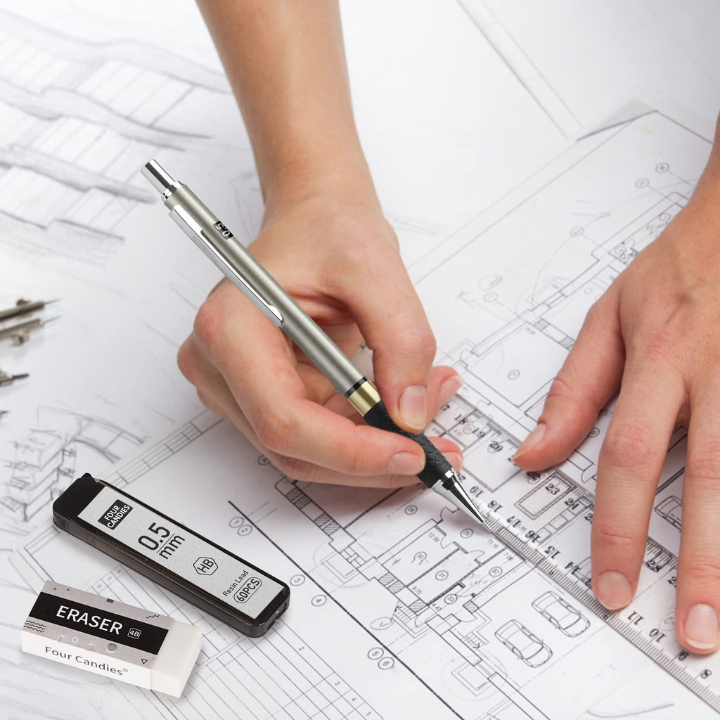 Four Candies Metal Mechanical Pencil Set - 3PCS 0.5mm Art Mechanical Pencils & 360PCS HB Lead Refills & 3PCS Erasers & 9PCS Eraser Refills, Drawing Mechanical Pencils for Writing, Sketching -With Case