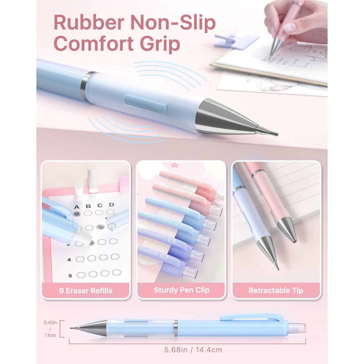 Four Candies Pastel Mechanical Pencil Set for Drawing & Writing,6PCS 0.5mm&0.7mm Mechanical Pencils with 360PCS HB Lead Refills, 3PCS Erasers and 9PCS Eraser Refills