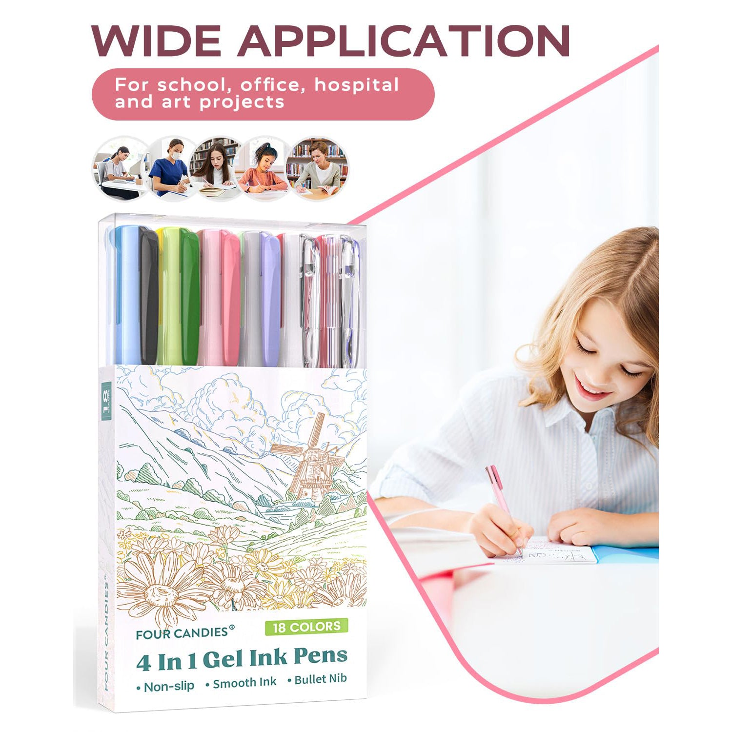 Four Candies 6 PCS Multicolor Pen, 0.5mm Colored Pens, 4-in-1 Multicolor Ink Pens, 18 Colors Retractable Ink Pens for Office Supplies