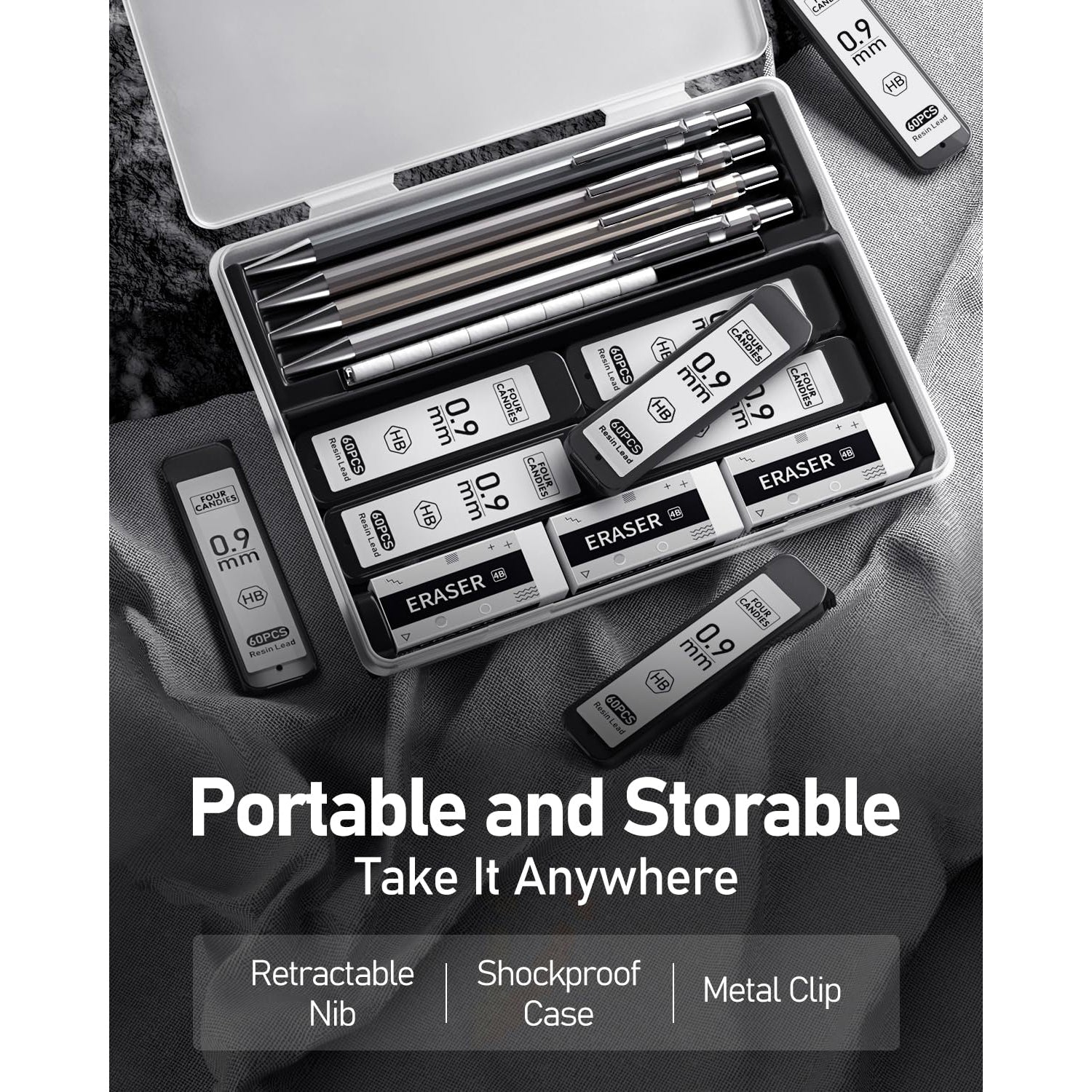 Four Candies 0.9mm Metal Mechanical Pencil Set with Case - 4PCS Fancy Mechanical Pencils, 8 Tubes HB #2 Lead Refills, 3PCS 4B Erasers and 9PCS Eraser Refills, for Writing