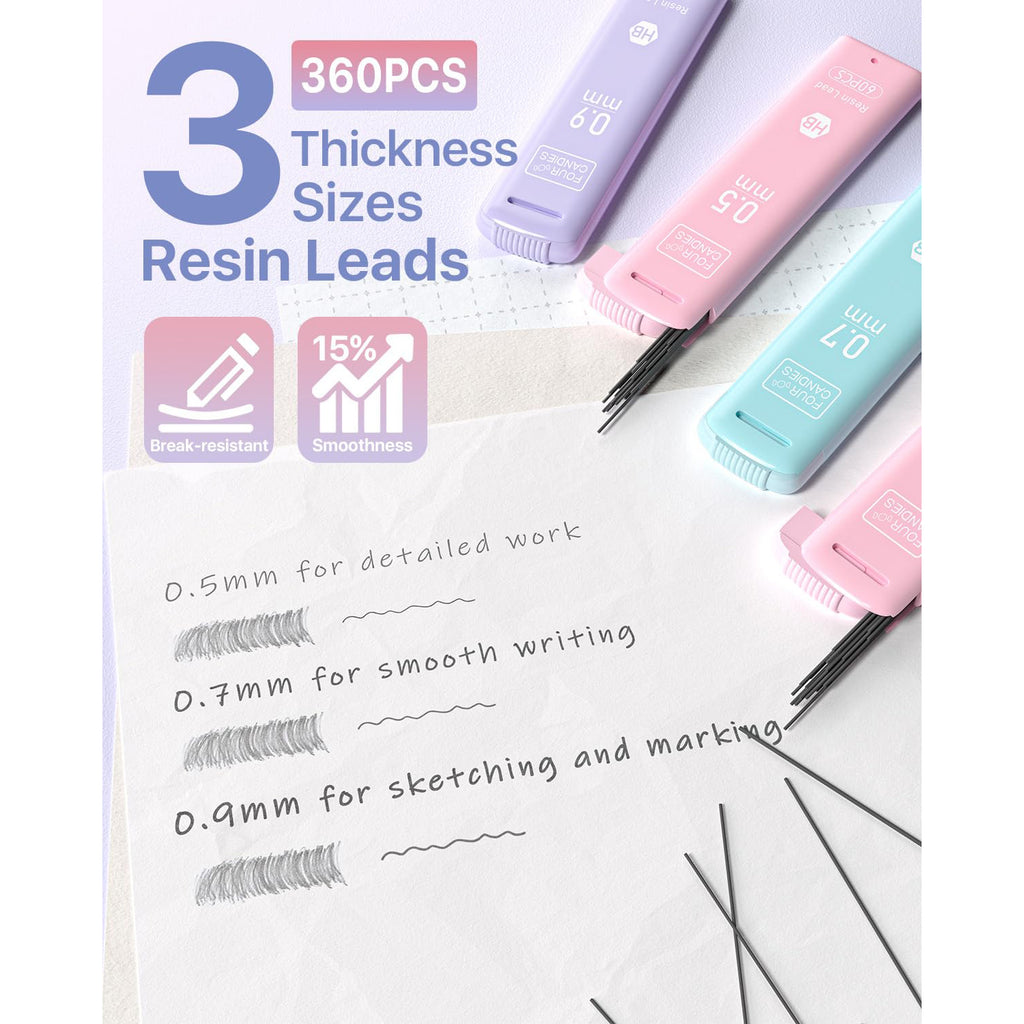 Four Candies Pastel Mechanical Pencil Set - 6PCS 0.5 & 0.7 & 0.9 mm Pencils with 360PCS HB Lead Refills, 3 Erasers and 9 Eraser Refills