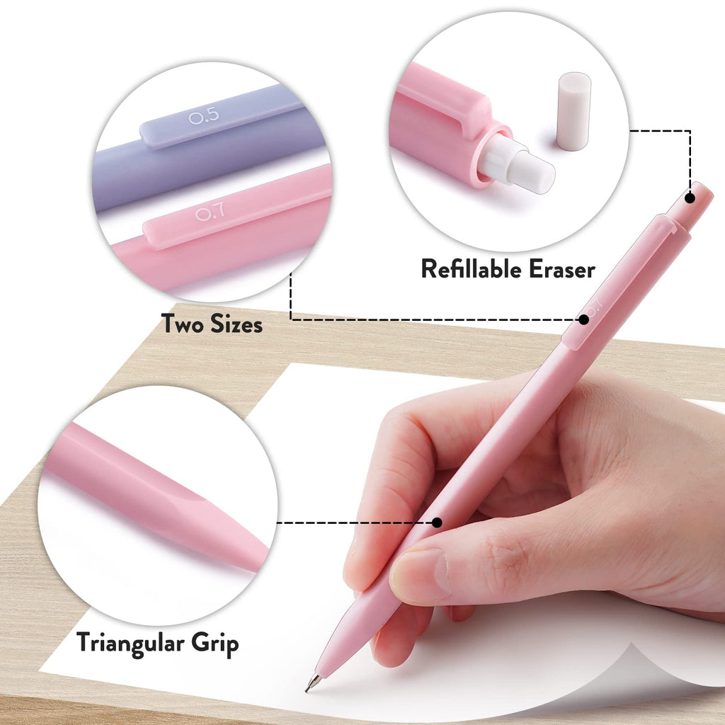 Four Candies Cute Mechanical Pencils, 6PCS Pastel Mechanical Pencils in 0.5mm & 0.7mm, with 360PCS Pencil Leads, 3PCS Erasers and 9PCS Refills, Aesthetic Mechanical Pencil Set for Drawing & Writing