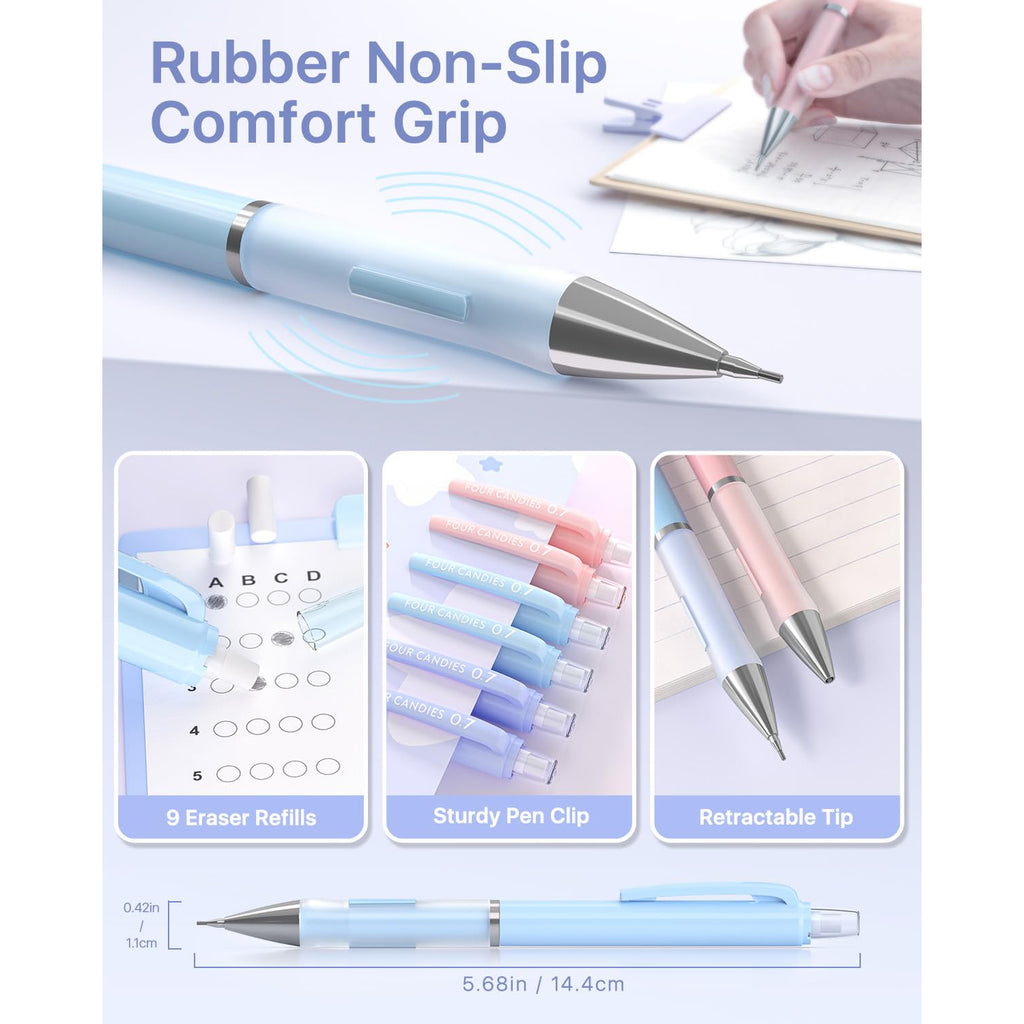 Four Candies 0.7mm Mechanical Pencil Set - 6PCS Cute Pencils with 360PCS HB & 2B Lead Refills, 3PCS Pastel Erasers and 9PCS Eraser Refills, Aesthetic Supplies for Writing Drawing