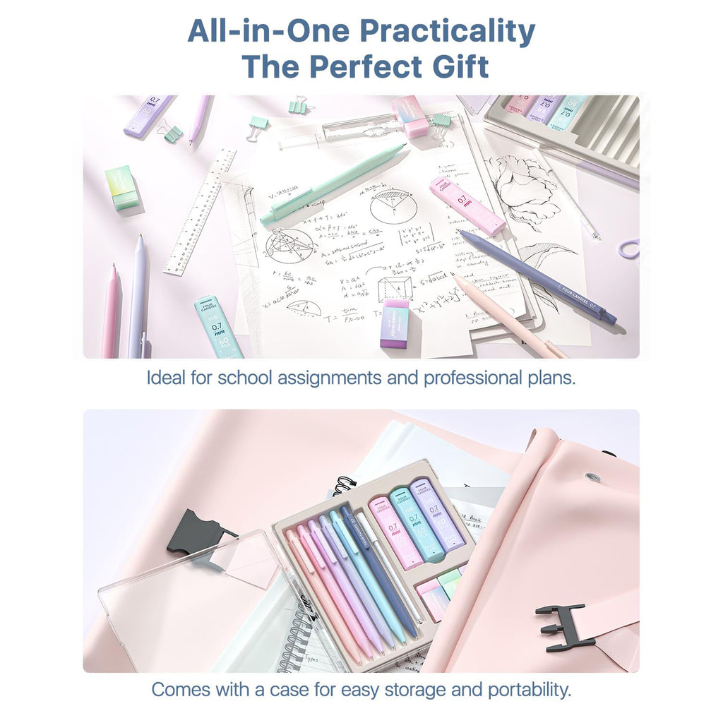 Four Candies Mechanical Pencils 0.7mm, with HB & 2B Lead Refills 0.7, Pastel Eraser Set & Eraser Refills, 16-Count Pack with Case, Cute Aesthetic Supplies for Writing, Drawing