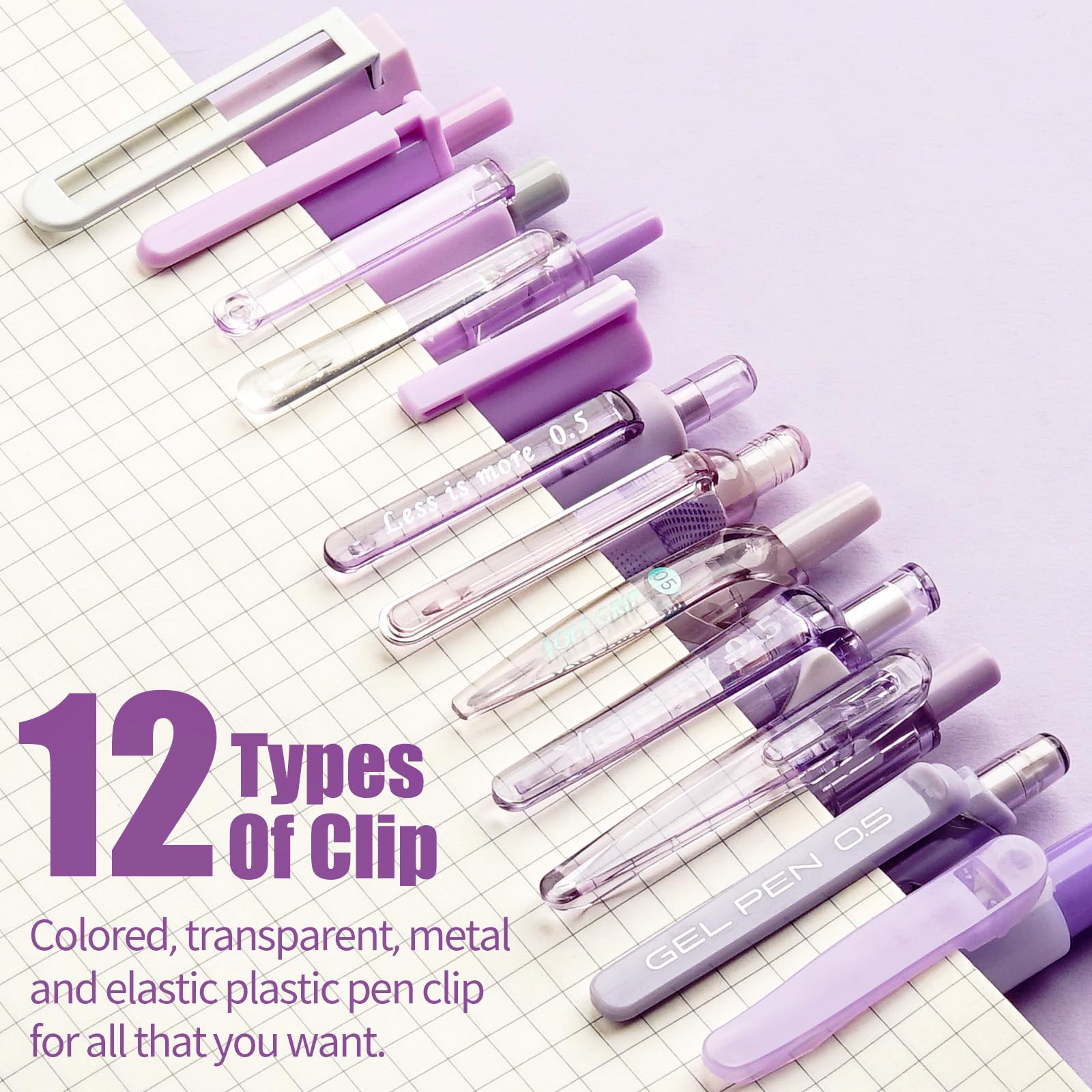 Four Candies Retractable Purple Pen Set, 11Pcs Black Ink Gel Pens(0.5mm), 1Pcs Purple Highlighter, 0.5mm Fine Point for Journaling, Writing and Note-Taking