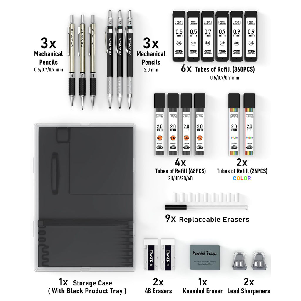 Four Candies Metal Mechanical Pencil Set, 6PCS Artist Metal Pencil 0.5, 0.7, 0.9, 2mm, Refills, Kneaded Eraser, Sharpener, Combo Set