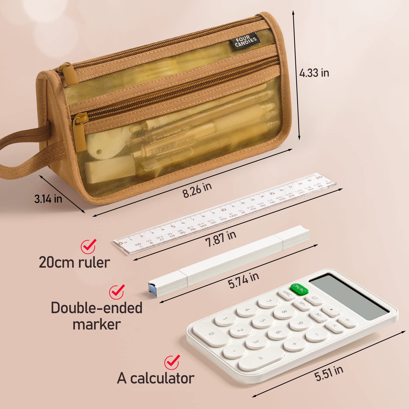Four Candies Large Capacity Pencil Case, Pencil Case with Zipper, Organized Pencil Cases for Adults, Handheld Pen Bag, Portable Cute Pencil Case, School Supplies for Kids Girls, Brown
