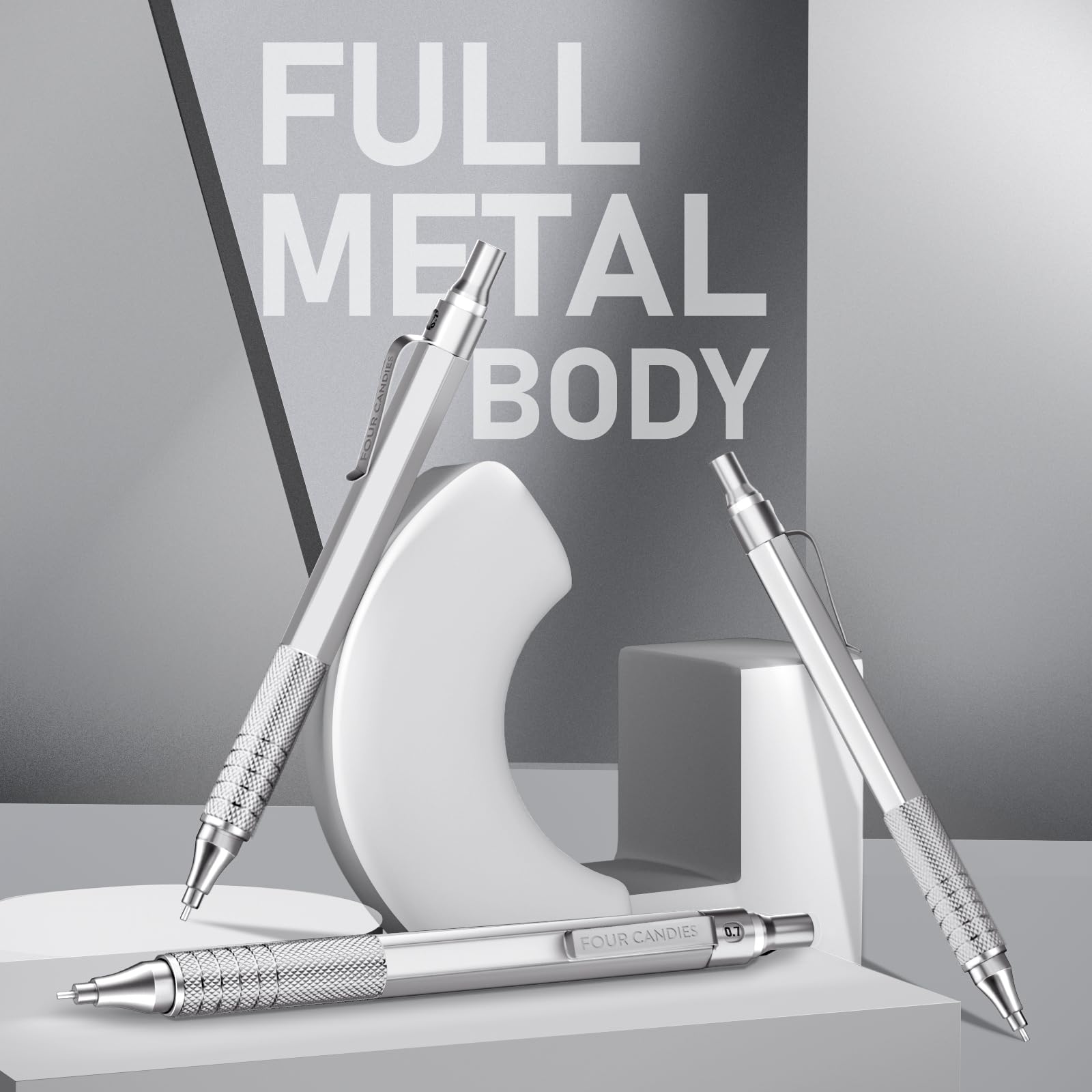 Four Candies 0.7mm Mechanical Pencil Set with Case, 3PCS Metal Pencil with 8 Tubes HB Lead Refills, 3 Erasers, 9 Eraser Refills for Writing Drawing Drafting, Silver