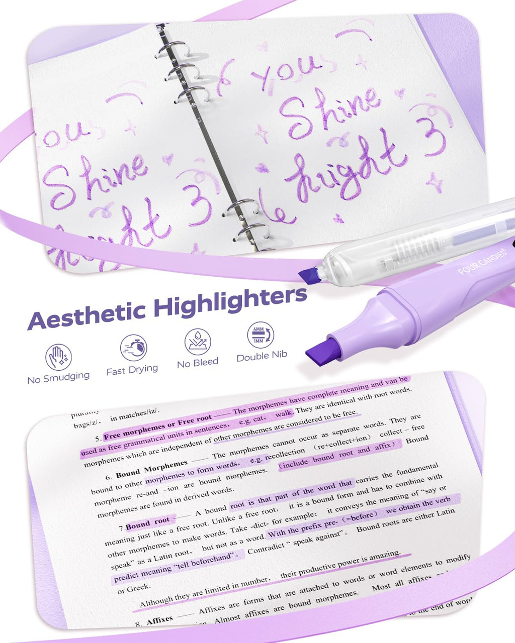 Four Candies Aesthetic Supplies, 4 Gel Pens with Black Ink, 4 Correction Tapes, 2 Pastel Highlighters, 2 Mechanical Pencils, Sticky Notes, Index Post for Bible Supplies with Case Purple
