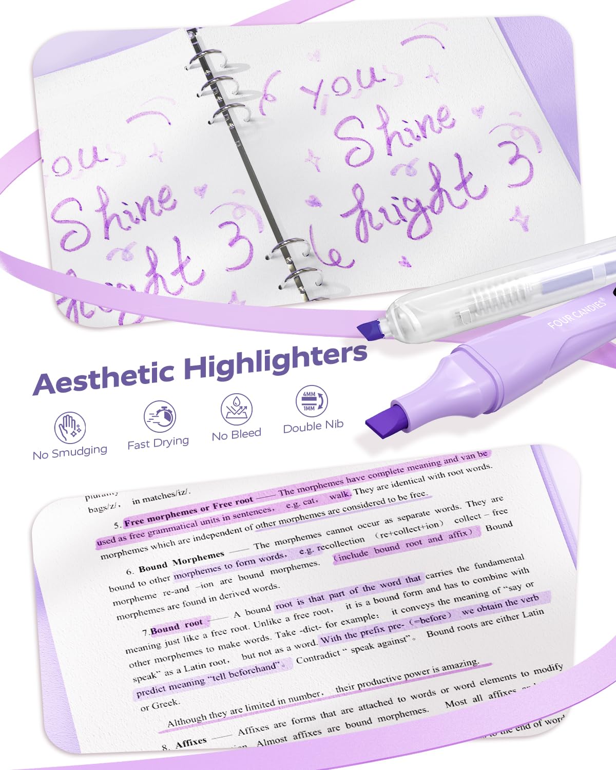 Four Candies Aesthetic Supplies, 4 Gel Pens with Black Ink, 4 Correction Tapes, 2 Pastel Highlighters, 2 Mechanical Pencils, Sticky Notes, Index Post for Bible Supplies with Case Purple