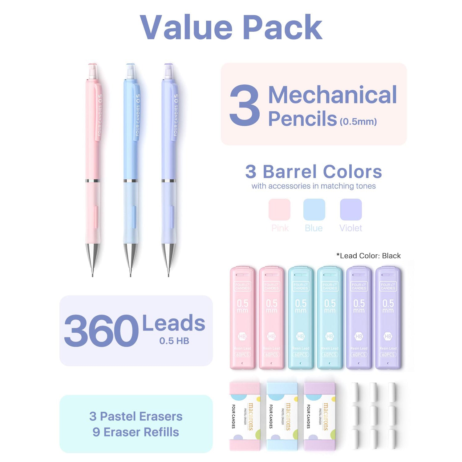 Four Candies Pastel Mechanical Pencil Set for Drawing & Writing, 3PCS Mechanical Pencils in 0.5mm with 360PCS HB Lead Refills, 3PCS Erasers and 9PCS Eraser Refills