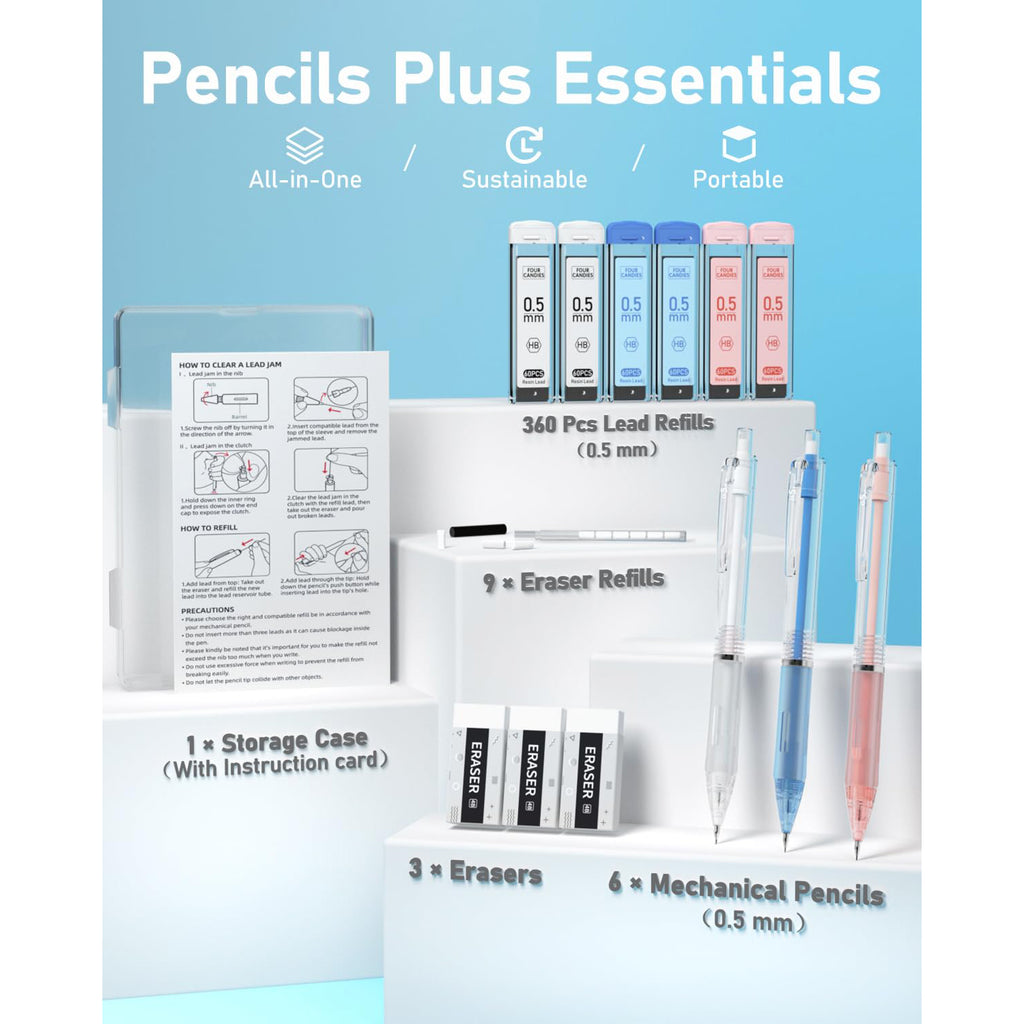 Four Candies Cute Mechanical Pencil Set, 3PCS Pastel Mechanical Pencils 0.5mm with 360PCS HB Lead Refills, 3PCS Erasers, 9PCS Eraser Refills for Writing