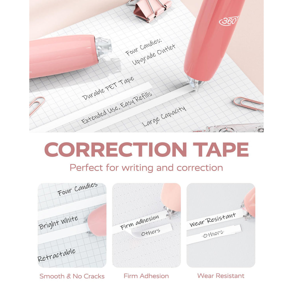 Four Candies 6MM Retractable White Correction Tape, 4PCS White Smooth Pull Out Correction Tape with 4 Extra Refills,Tear-Resistant Tape Pen & Quick Drying (Pink)