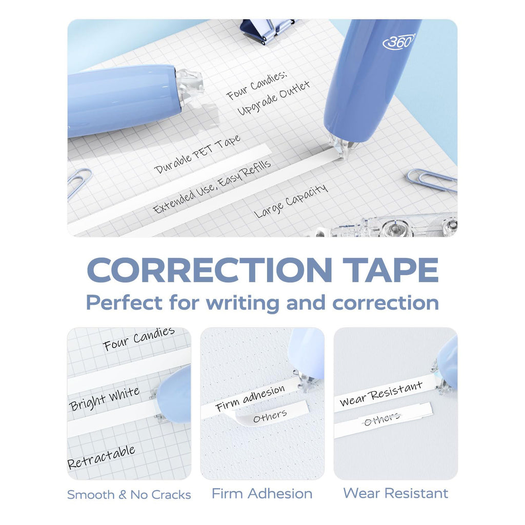 Four Candies 6MM Retractable White Correction Tape, 4PCS White Smooth Pull Out Correction Tape with 4 Extra Refills,Tear-Resistant Tape Pen & Quick Drying (Blue)
