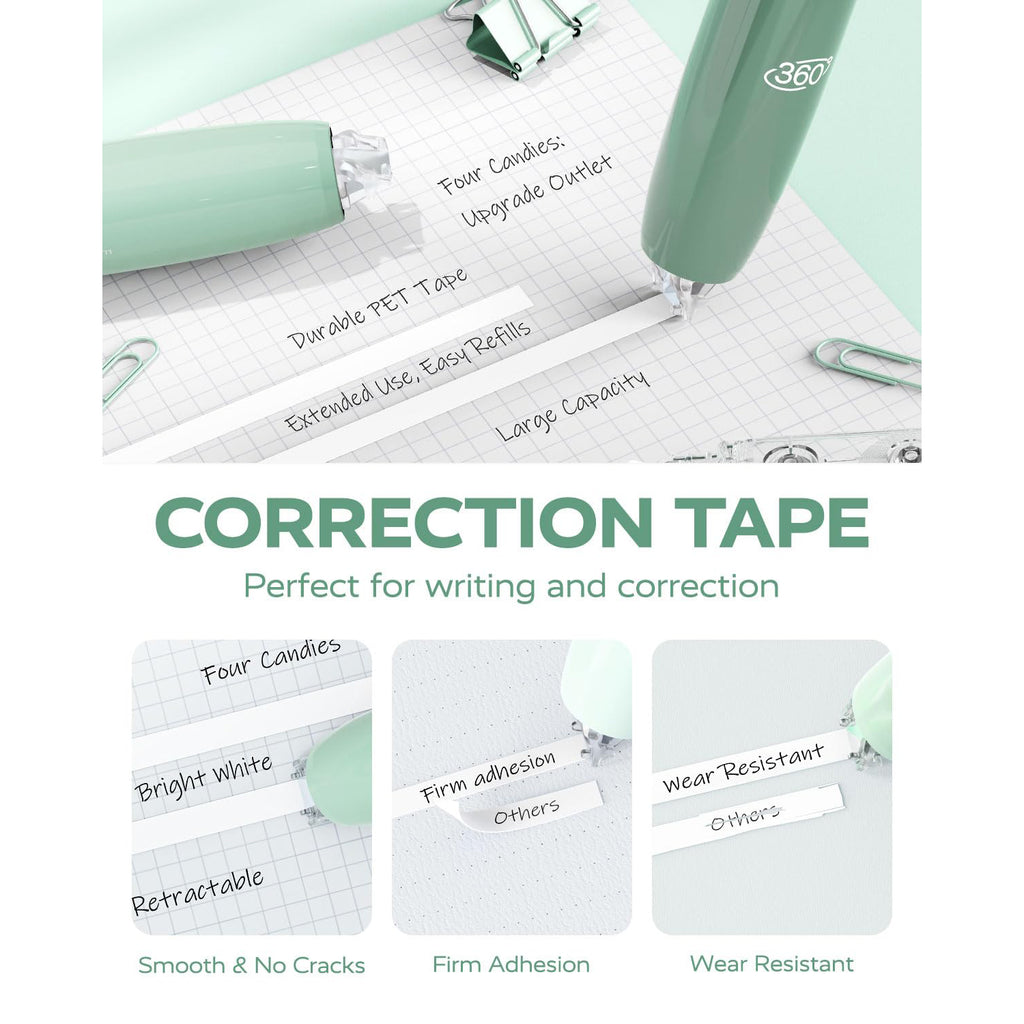 Four Candies 6MM Retractable White Correction Tape, 4PCS White Smooth Pull Out Correction Tape with 4 Extra Refills,Tear-Resistant Tape Pen & Quick Drying (Green)
