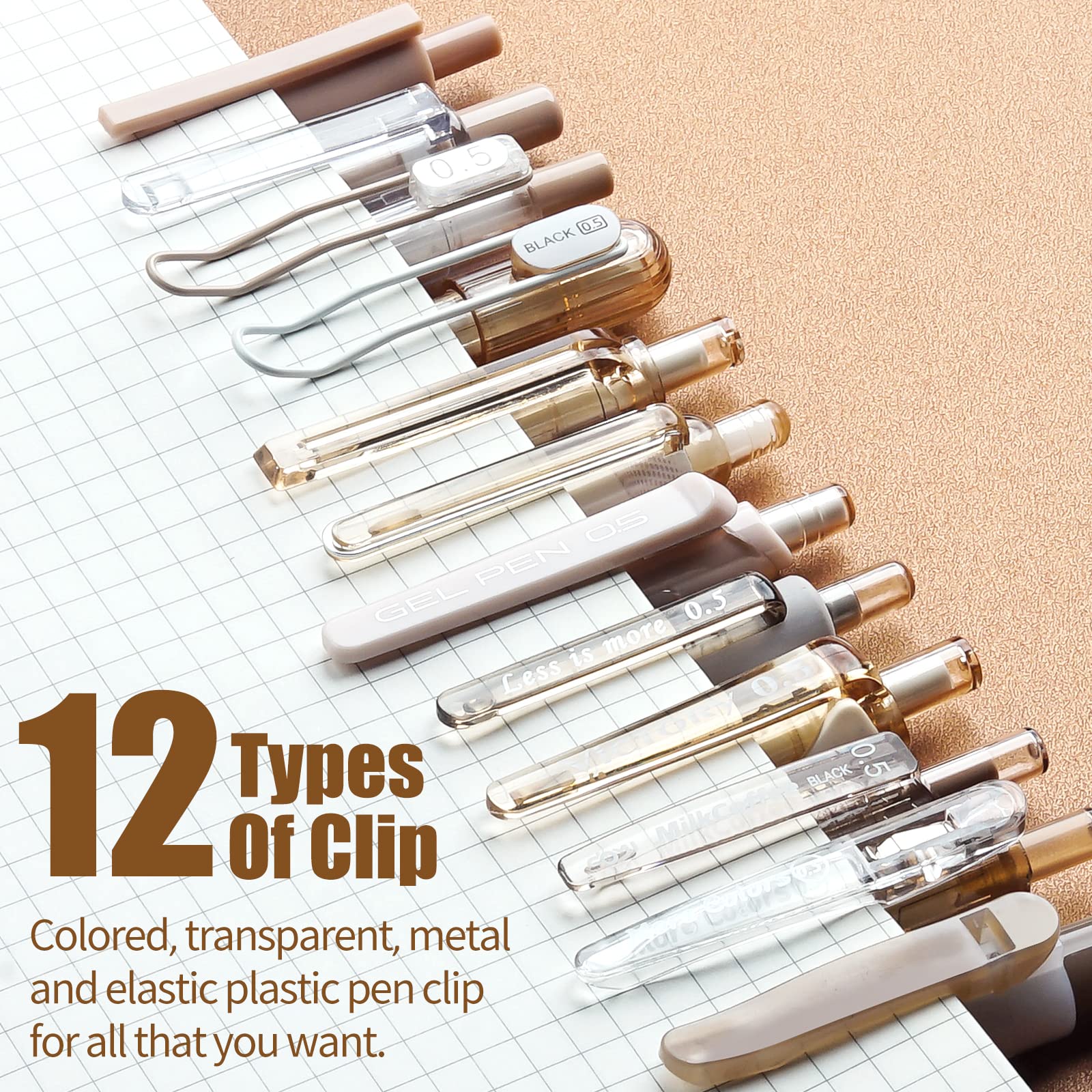 Four Candies Retractable Pen Set, 11Pcs Black Ink Gel Pens(0.5mm), 1Pcs Highlighter, 0.5mm Fine Point for Journaling, Writing and Note-Taking(Brown)