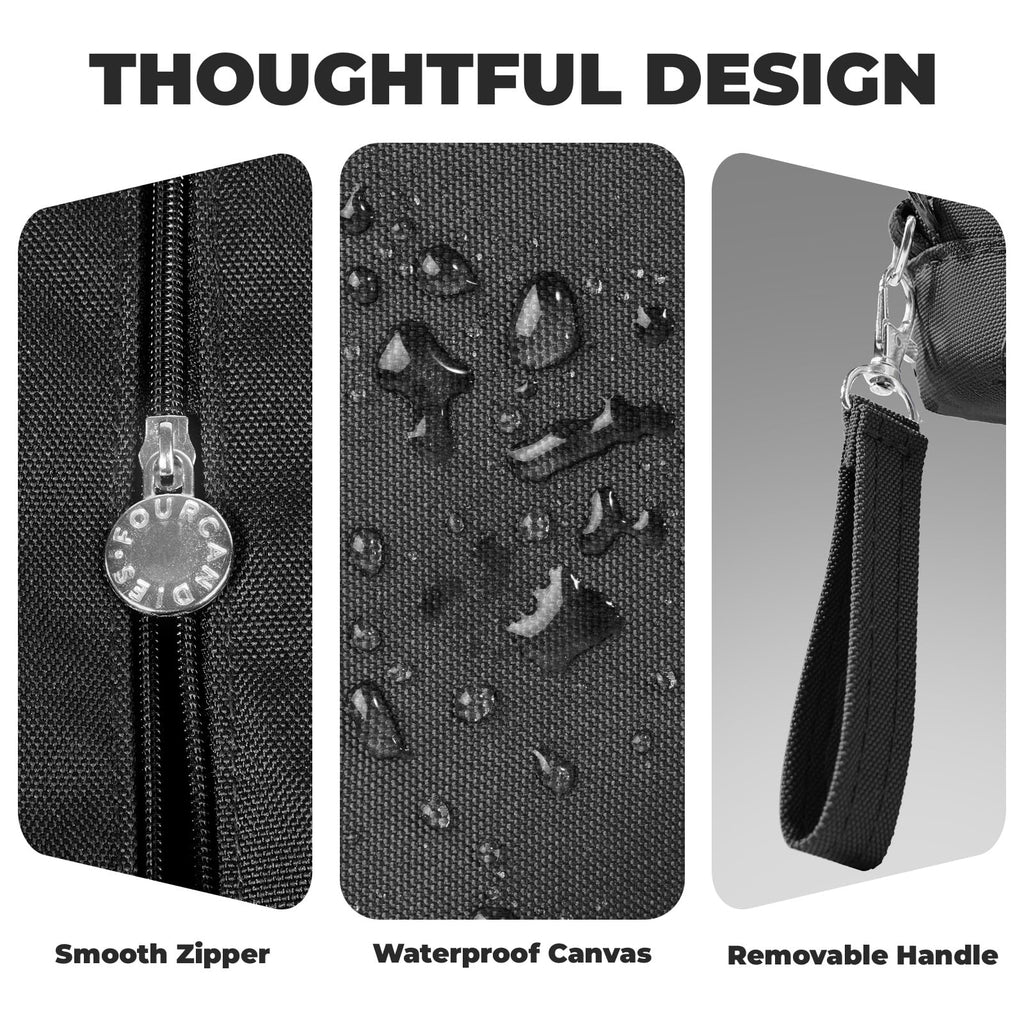 Four Candies Pencil Case 3 Compartment Pouch, Large Pencil Case for Women, Black, Removable Handle & Zipper, Cute Pencil Bag for Office, College