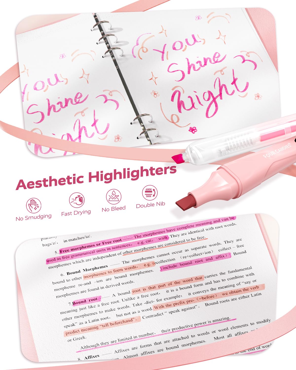 Four Candies Aesthetic Supplies, 4 Gel Pens with Black Ink, 4 Correction Tapes, 2 Pastel Highlighters, 2 Mechanical Pencils, Sticky Notes, Index Post for Bible Study Supplies with Case Pink